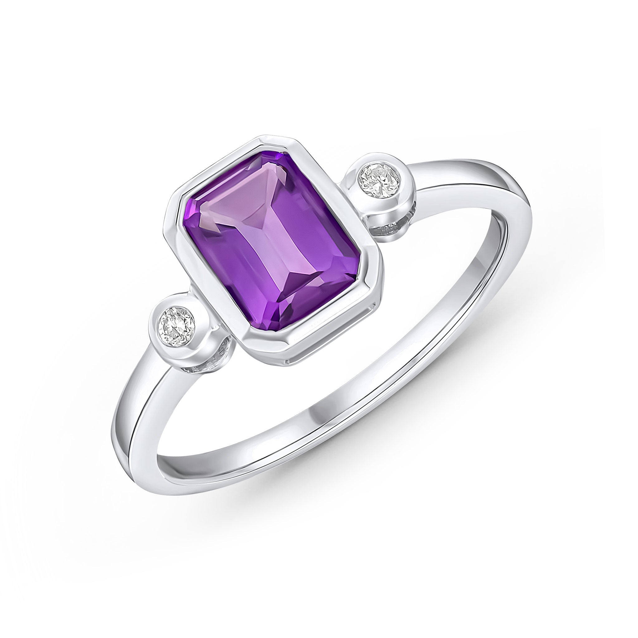 9ct White Gold 7x5 Octagon Amethyst and Round Diamond 3 Stone Rubover Ring
