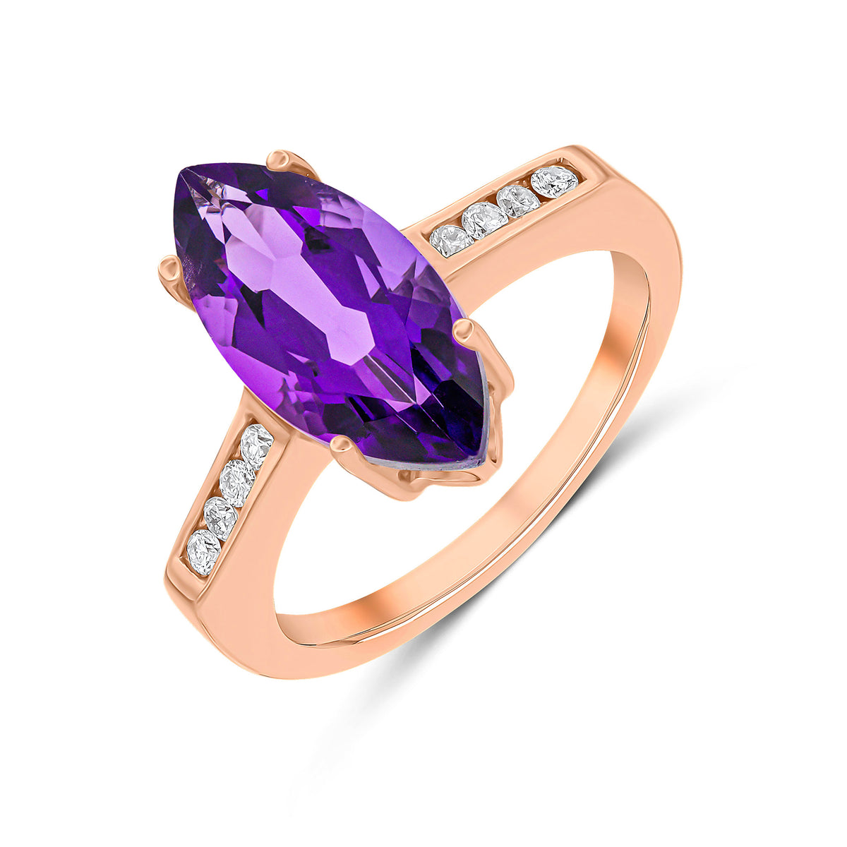 9ct Rose Gold 15x7 Marquise Amethyst Single Stone Ring with Channel Set Diamond Shoulders