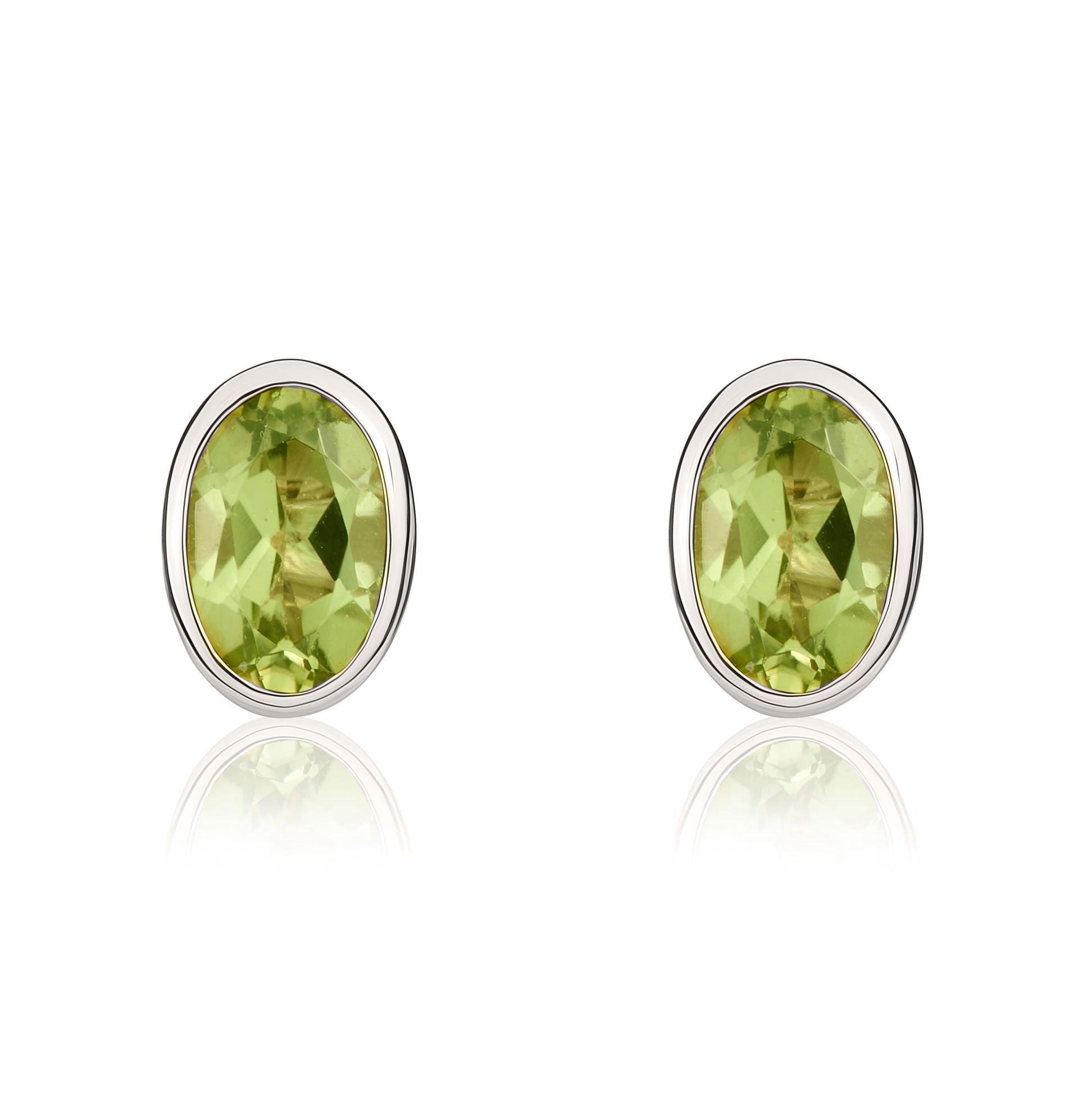 9ct White Gold 6x4 Oval Peridot Rubover Stud Earrings