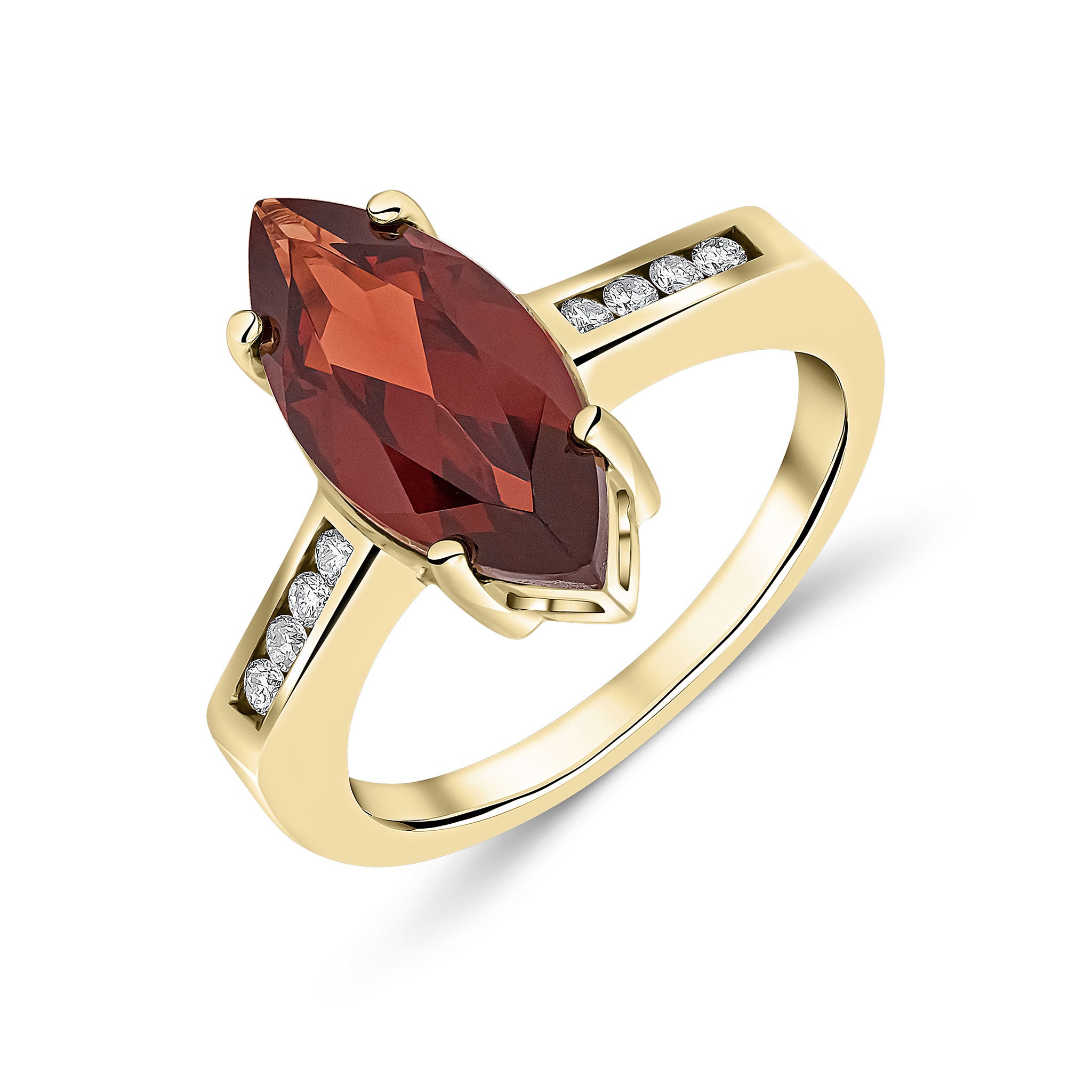 9ct Yellow Gold 15x7 Marquise Garnet Single Stone Ring with Channel Set Diamond Shoulders