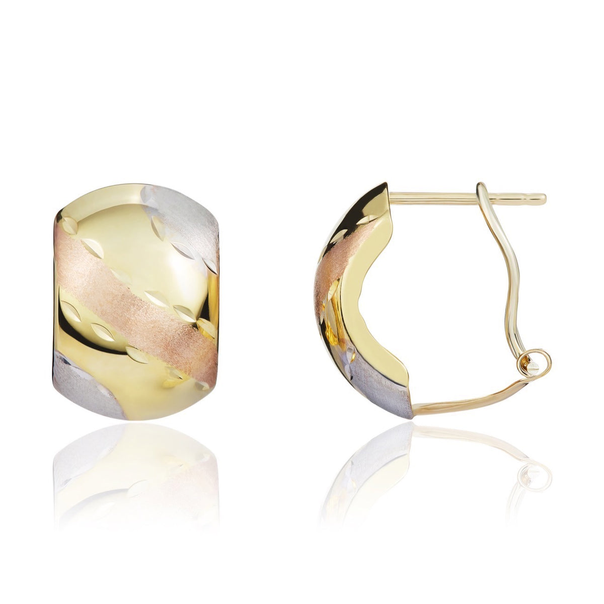9ct Three Tone White Yellow Rose Gold Stripe Design Peg & Clip Earrings