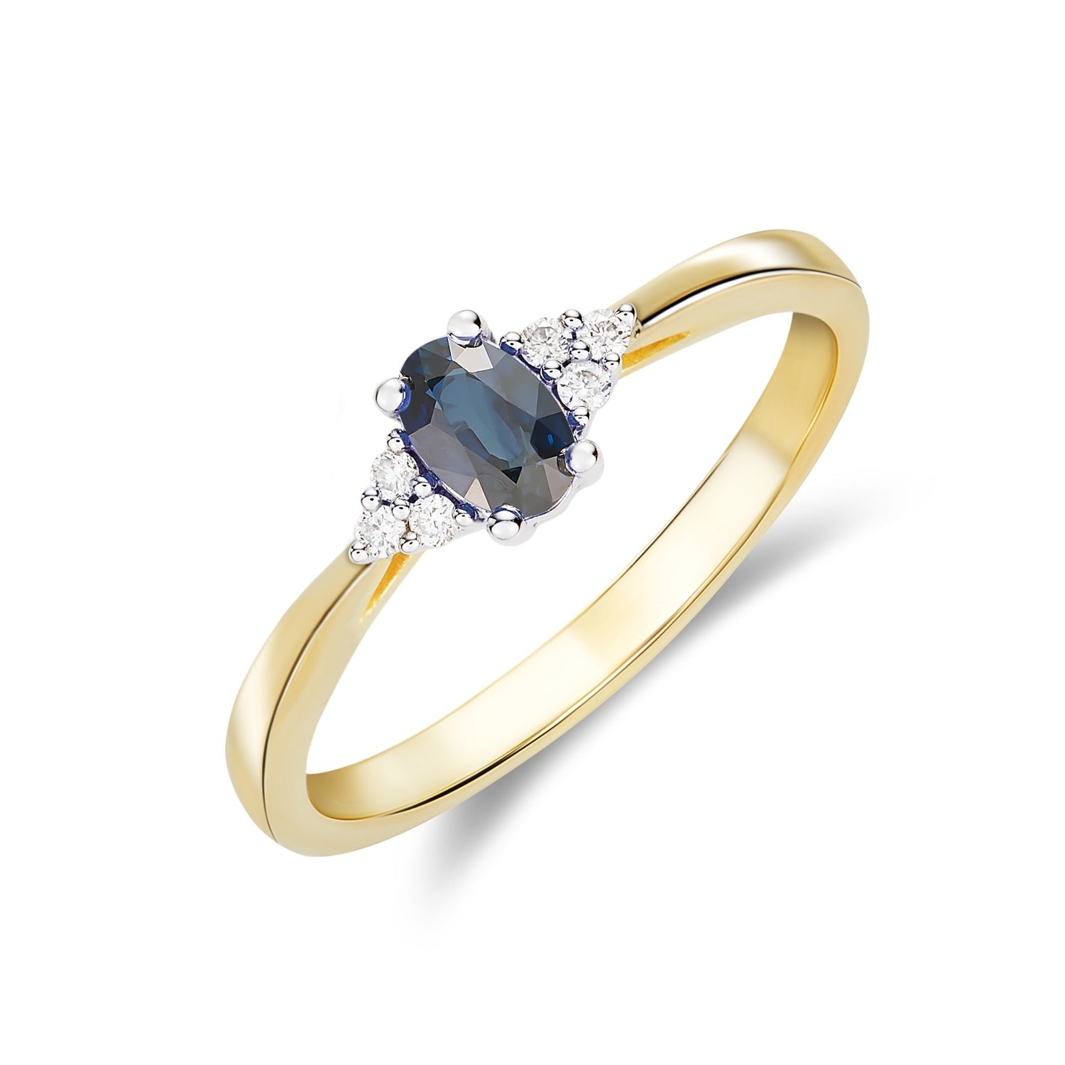 9CT YWG 6X4 OVAL SAPPHIRE AND ROUND DIAMOND TREFOIL SHOULDERS RING 1