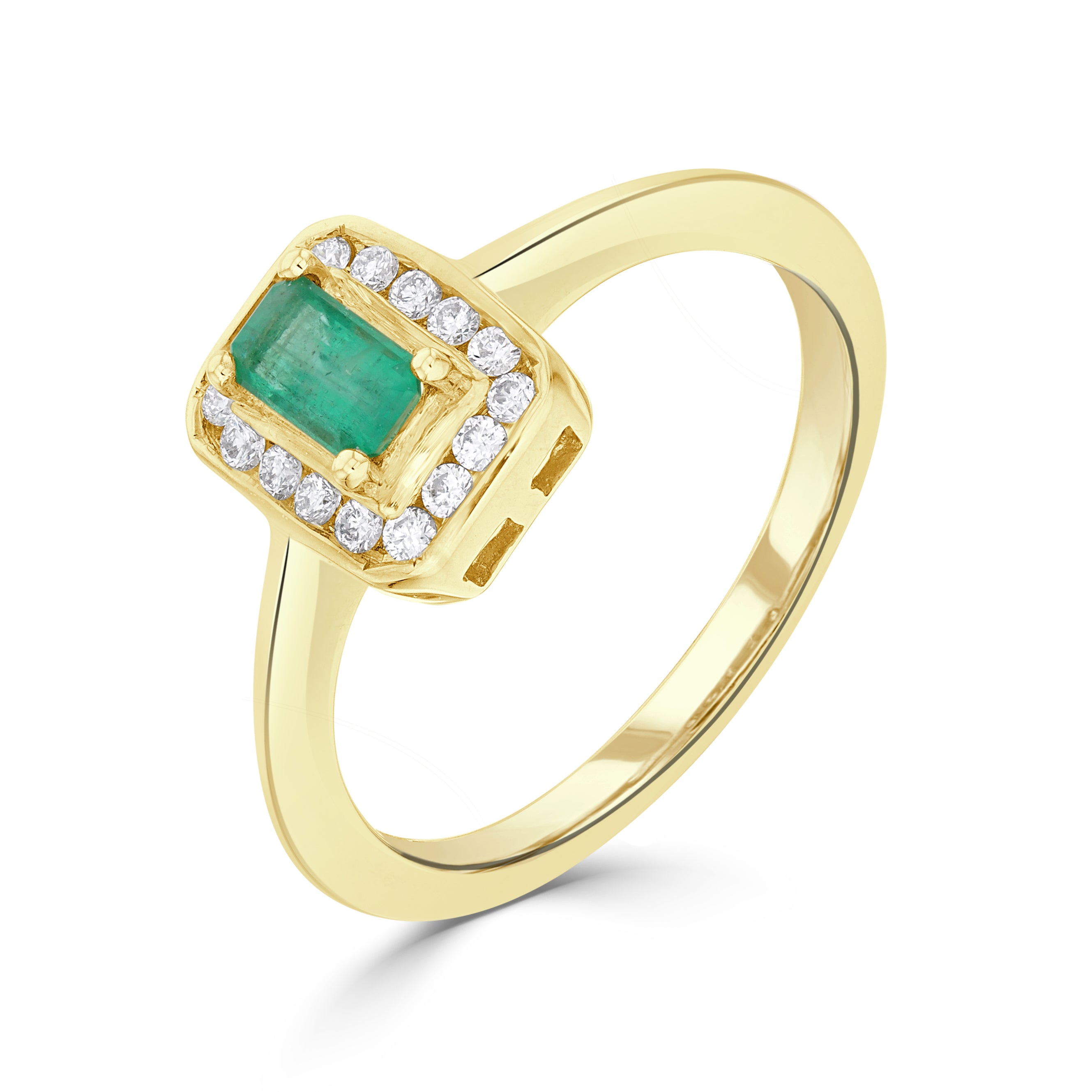 9ct Yellow Gold Claw Set 5x3 Octagon Emerald and Channel Set Round Diamond Cluster Ring