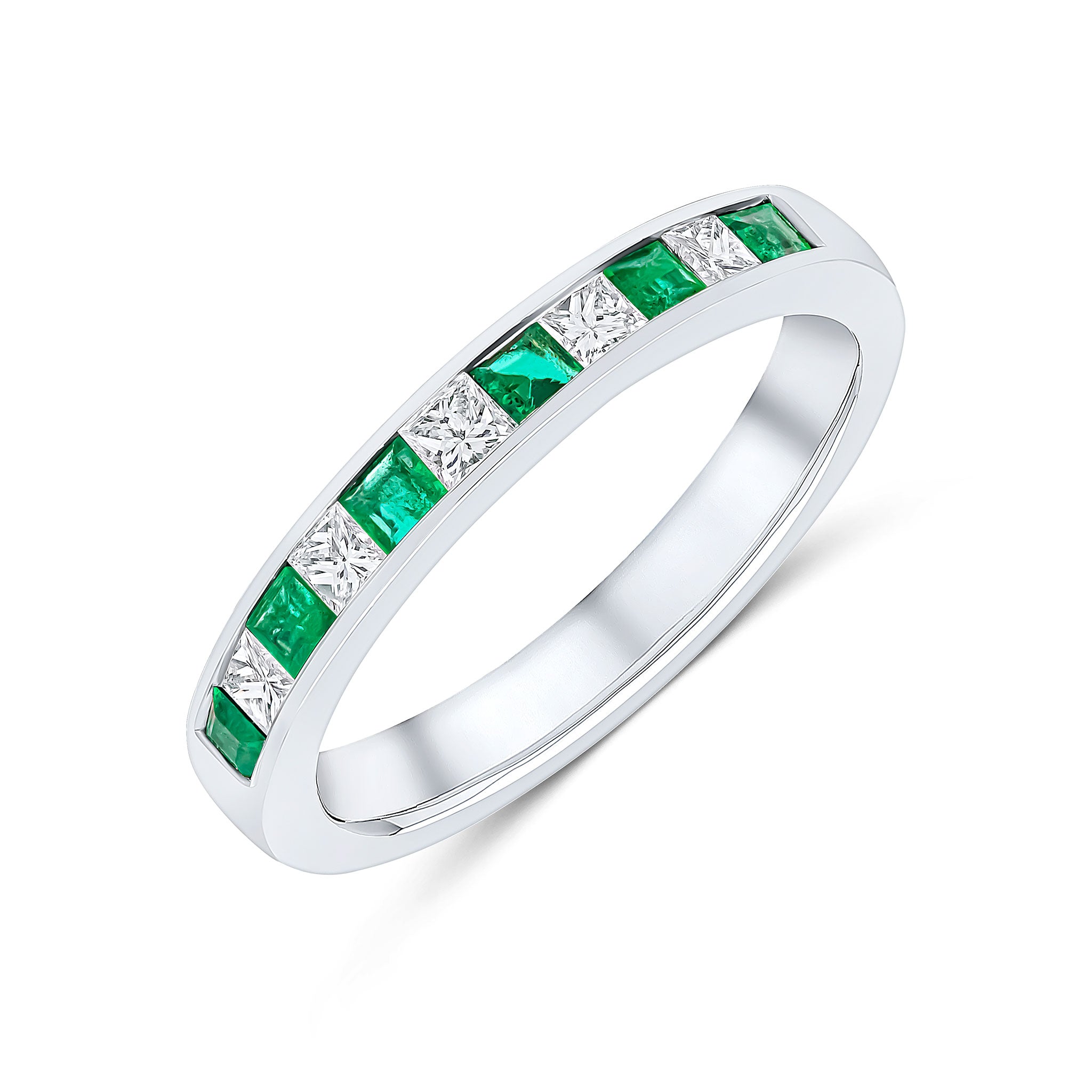 18ct White Gold Square Emerald and Princess Cut Diamond Channel Set Half Eternity Ring 11 Stones