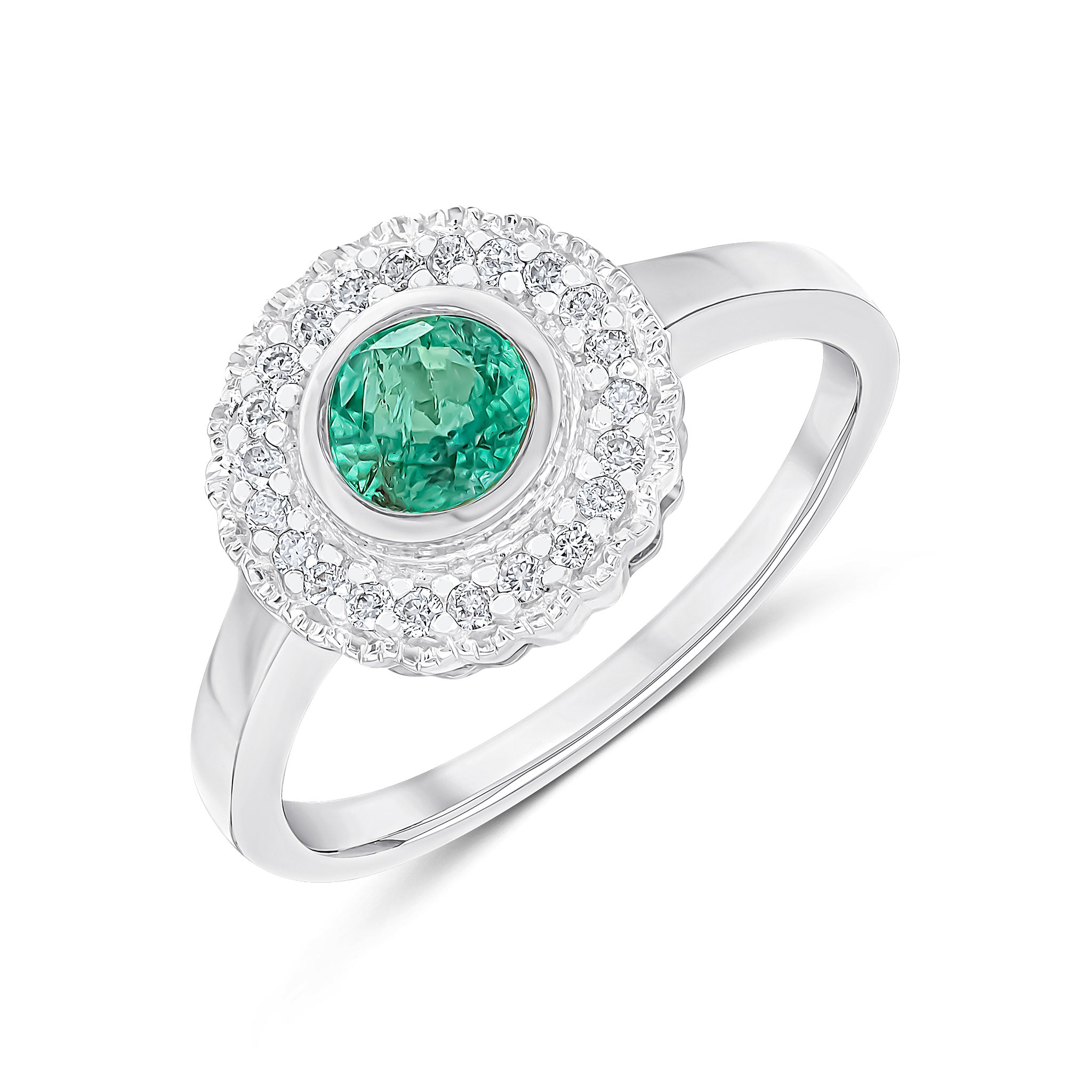 9ct White Gold Round Rubover Emerald and Milgrain Round Diamond Cluster Ring