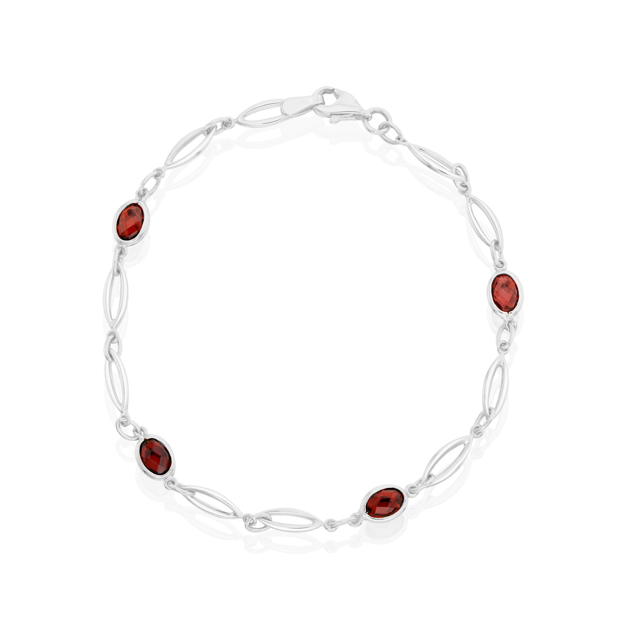 9ct White Gold Checkerboard Cushion Garnet Polished Torpedo Motif and Chain Bracelet