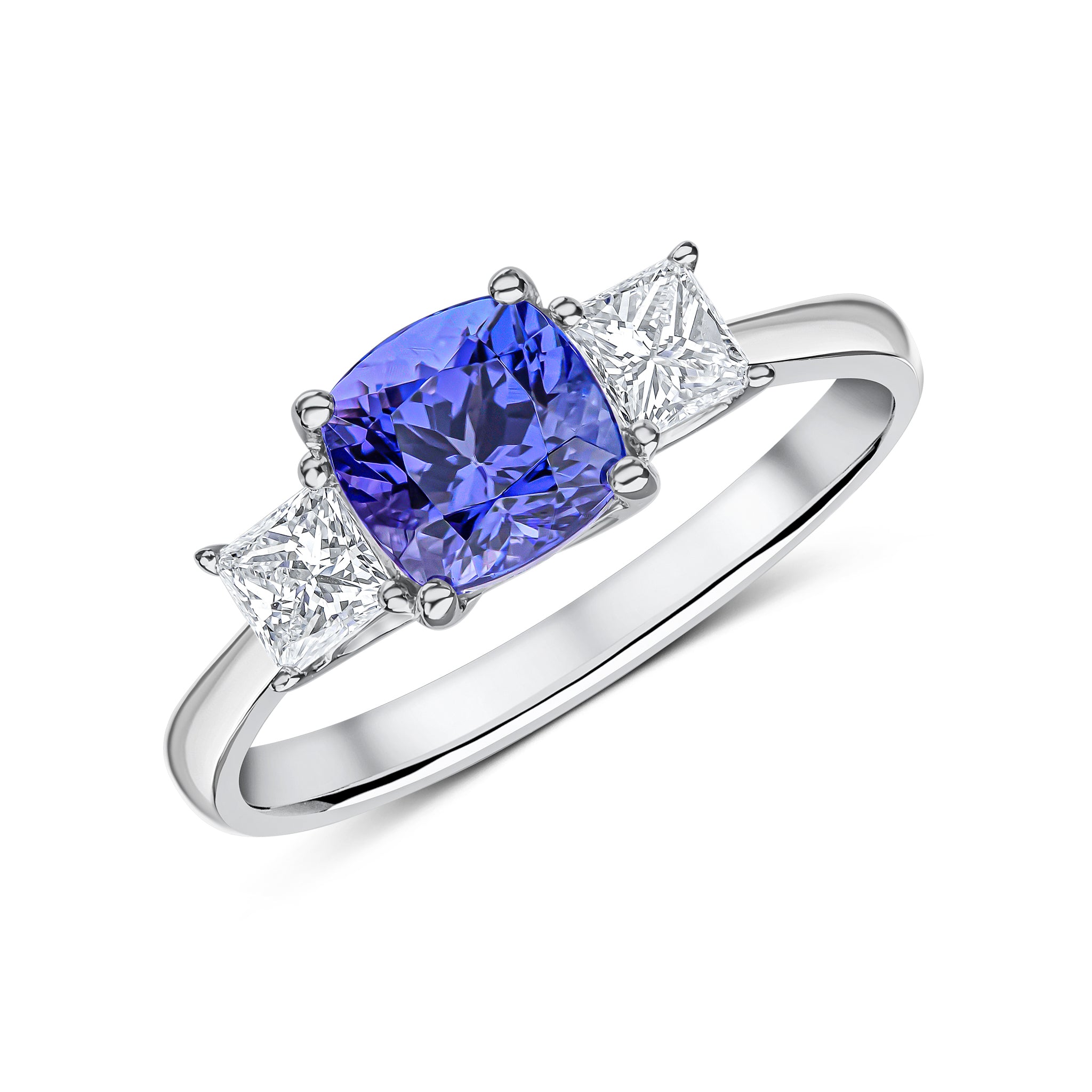 18c White Gold 6mm Cushion Tanzanite and Princess Cut Diamond Claw Set 3 Stone Ring