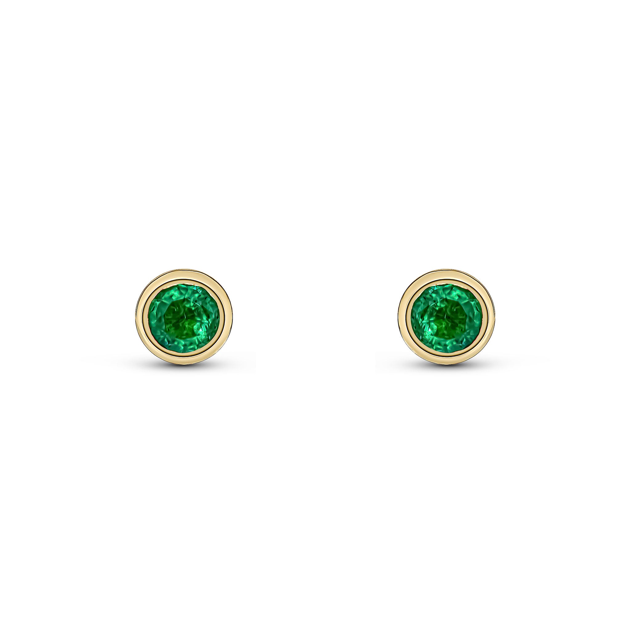 9ct Yellow Gold 3mm Round Emerald Rubover Earrings