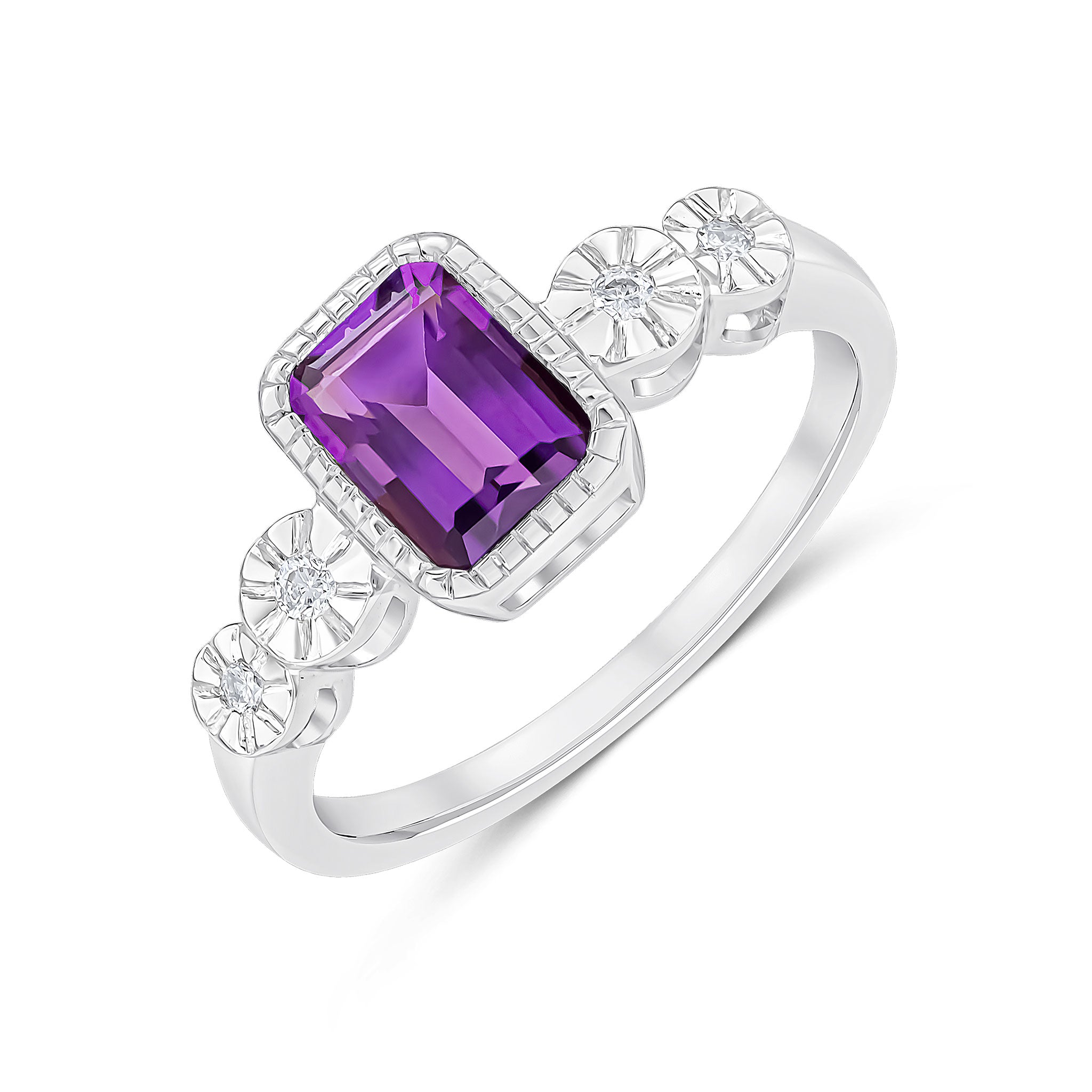 9ct White Gold Milgrain Octagon Amethyst and Illusion Diamond 2 Stone Shoulders Ring