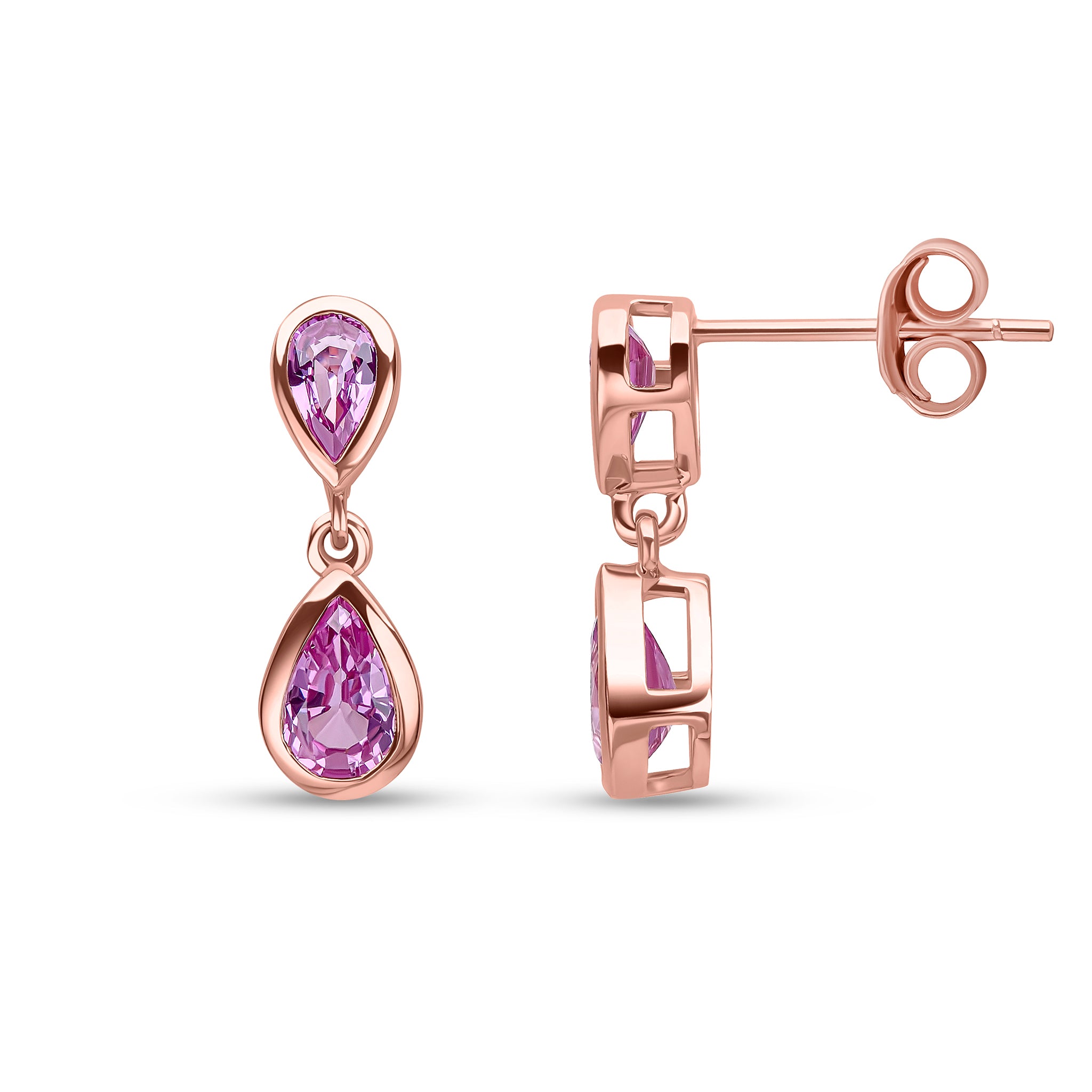 9ct Rose Gold Pear Shape Pink Sapphire 2 Stone Rubover Drop Earrings