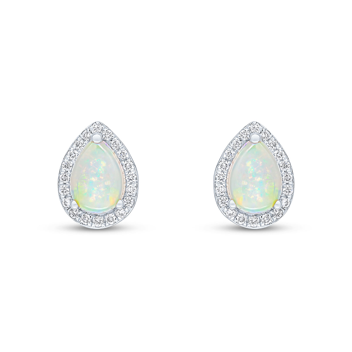 18ct White Gold Claw Set 7x5 Pear Shape Opal and Grain Set Round Diamond Cluster Earrings