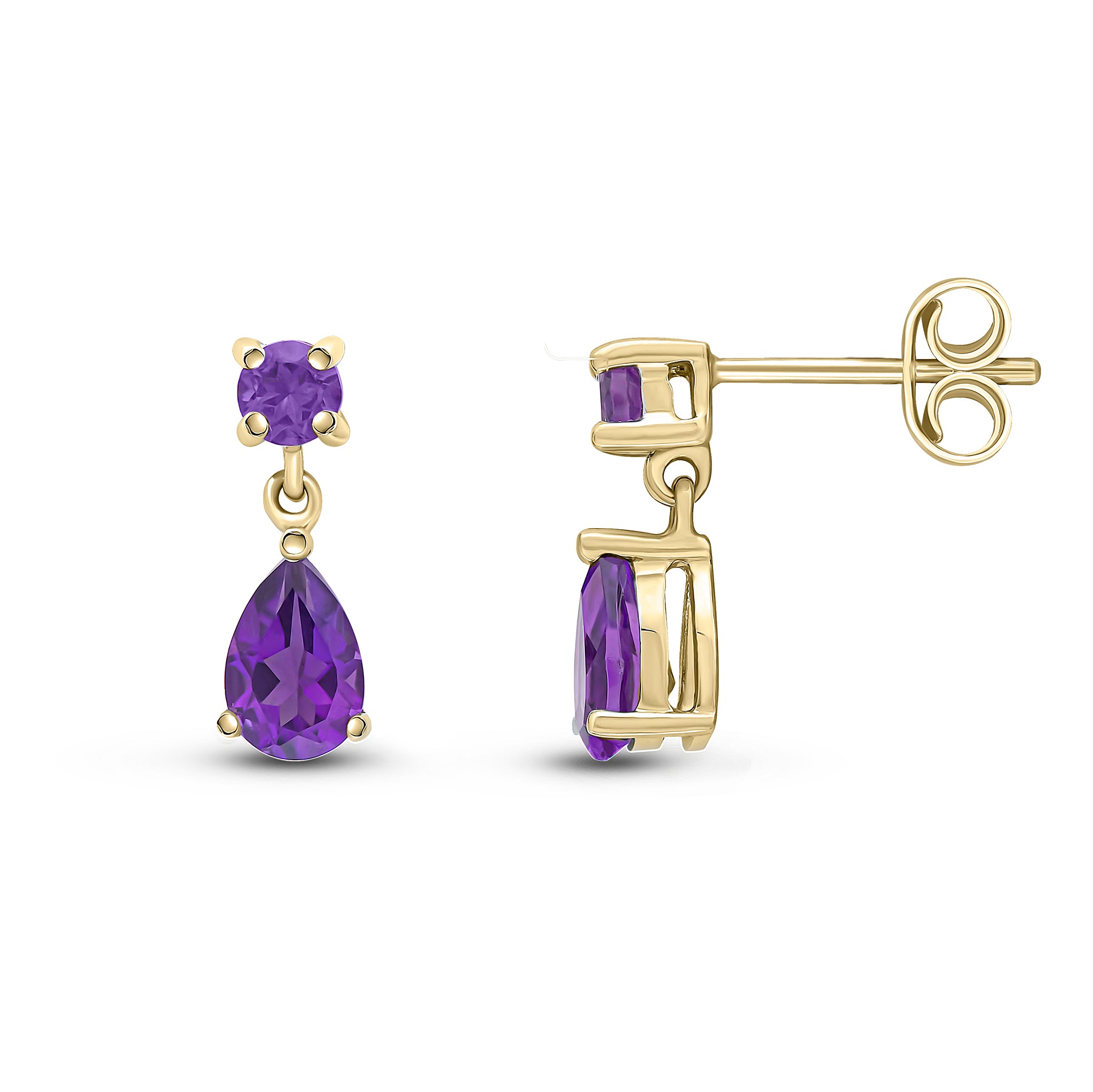 9ct Yellow Gold Round and Pear Shape Amethyst 2 Stone Claw Set Drop Earrings