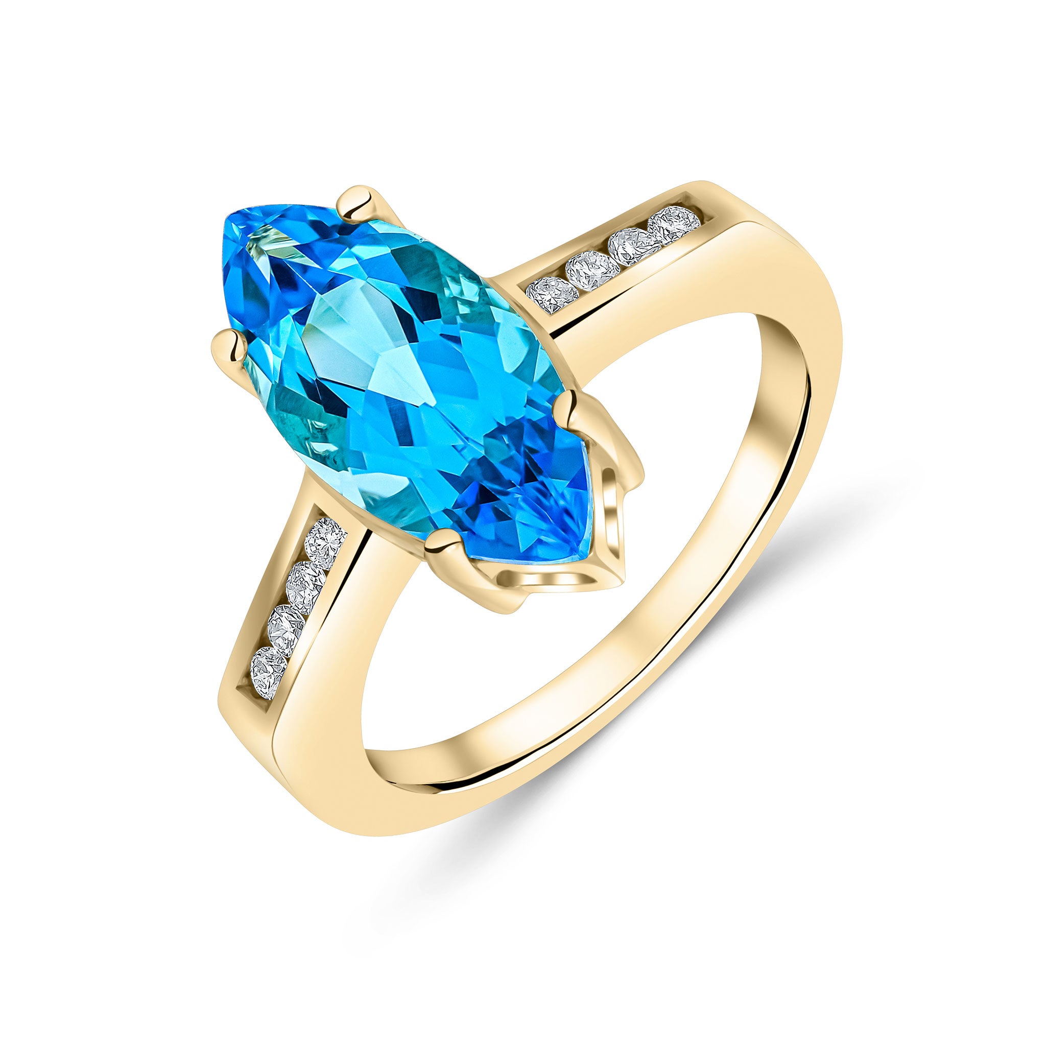 9ct Yellow Gold 15x7 Marquise Swiss Blue Topaz Single Stone Ring with Channel Set Diamond Shoulders