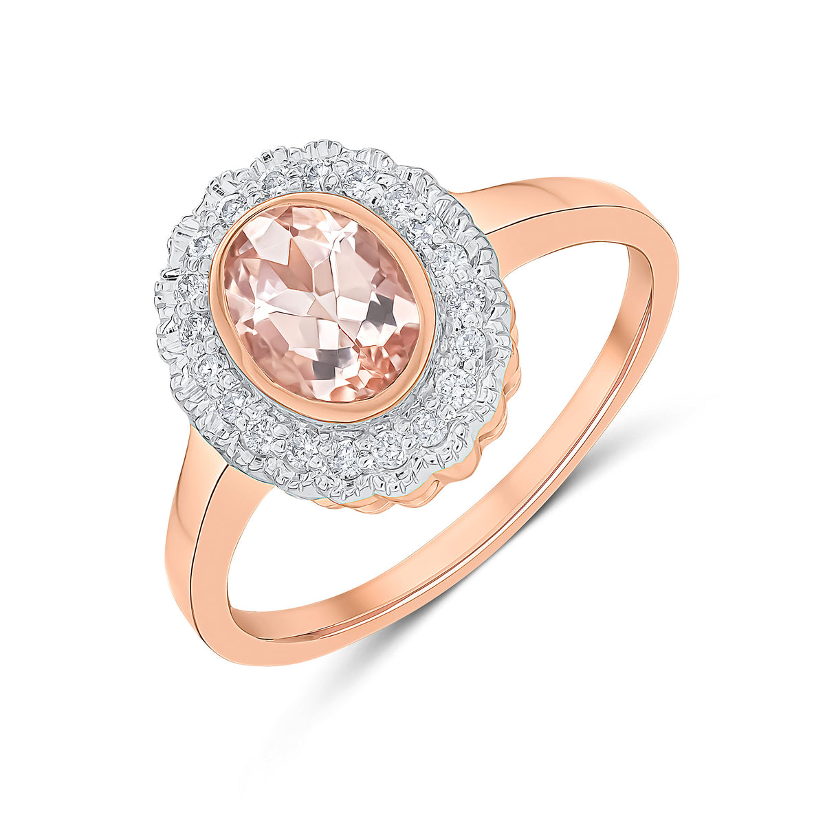9ct Rose Gold Rubover Oval Morganite and Milgrain Round Diamond Cluster Ring Rhodium to Diamonds
