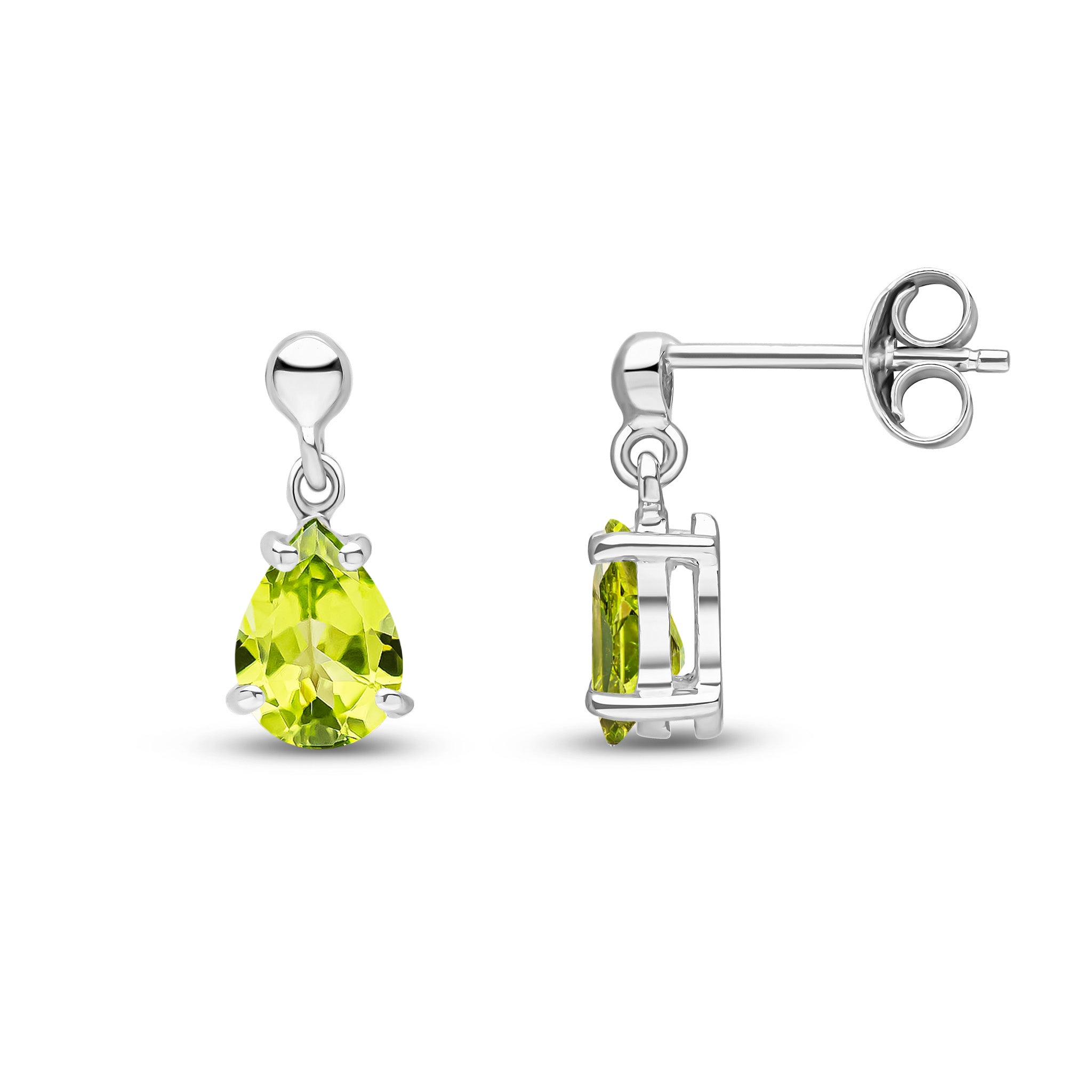 9ct White Gold 7x5 Pear Shape Peridot Claw Set Drop Earrings with Bead Top