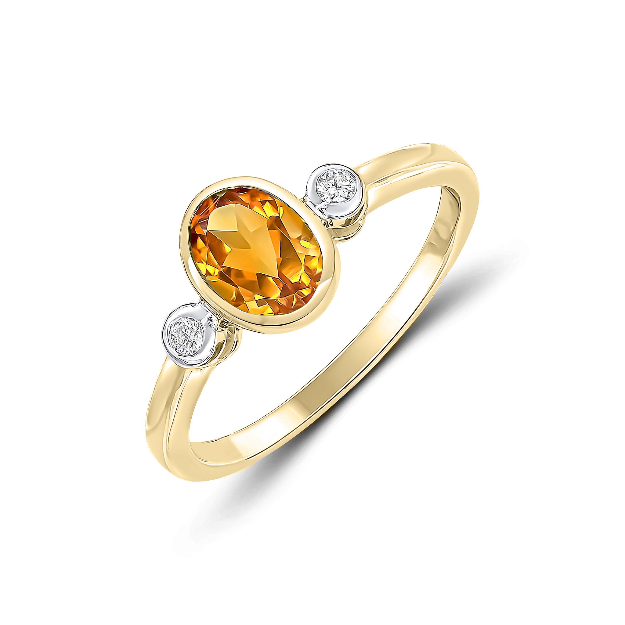 9CT YG 7X5 OVAL CITRINE AND ROUND DIAMOND 3ST RUBOVER RING. RHODIUM TO DIAMONDS 1