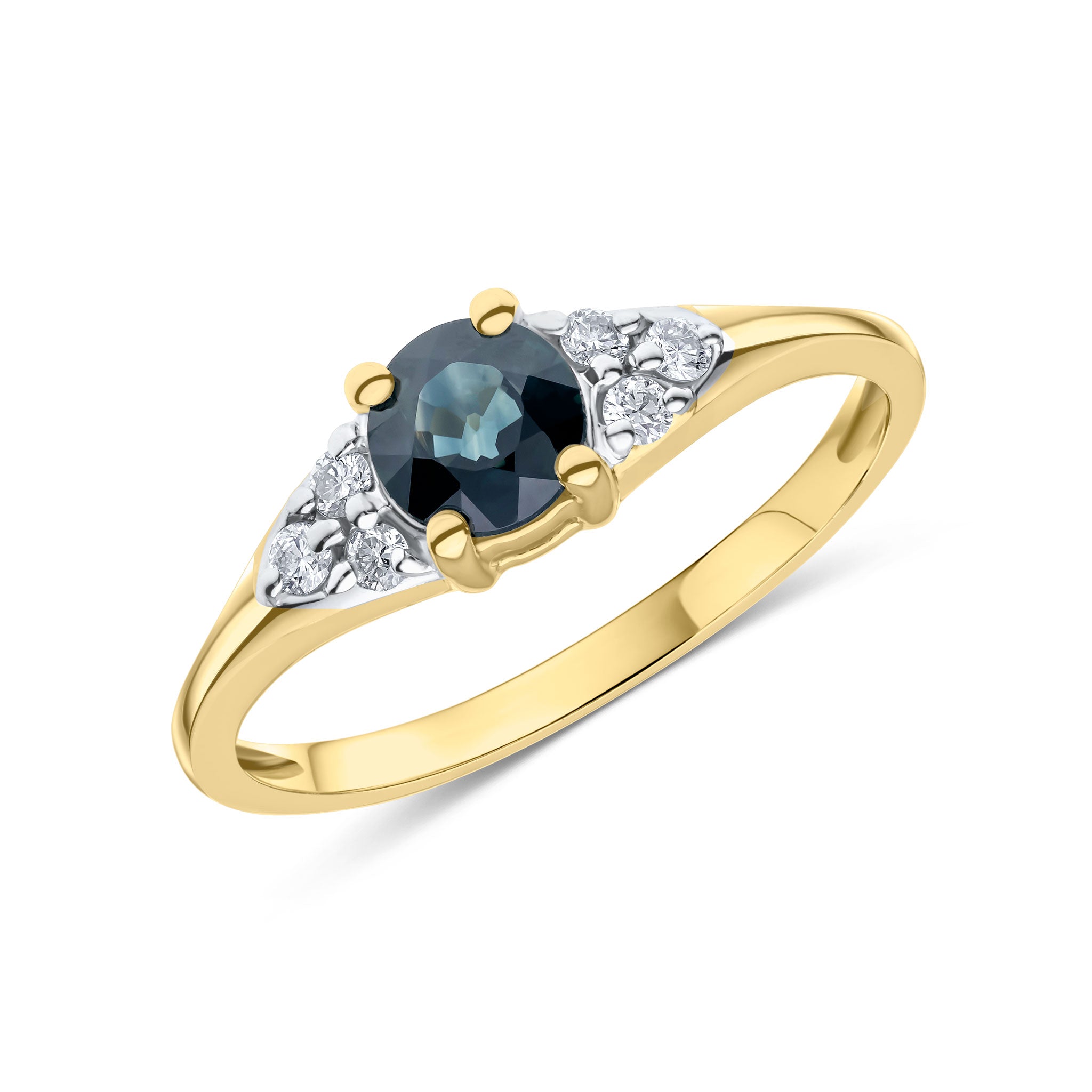 9ct Yellow Gold 5mm Round Sapphire & Diamond Trefoil Shoulders Wiht Rhodium to Diamonds