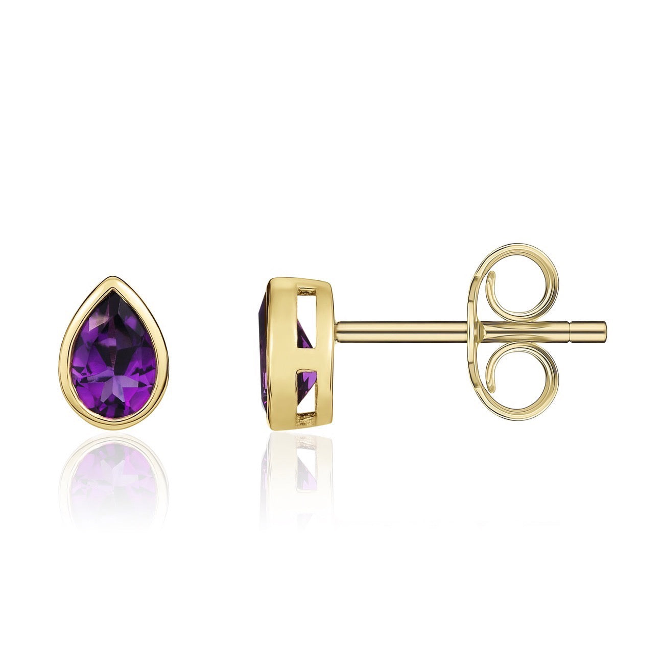 9ct Yellow Gold 6x4 Pear Shape Amethyst Rubover Set Earrings