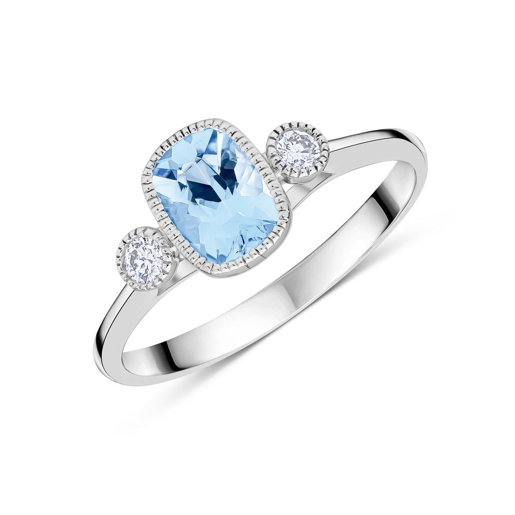 9ct White Gold 7x5 Cushion Aquamarine & Round Diamond Milgrain Set 3 Stone Ring