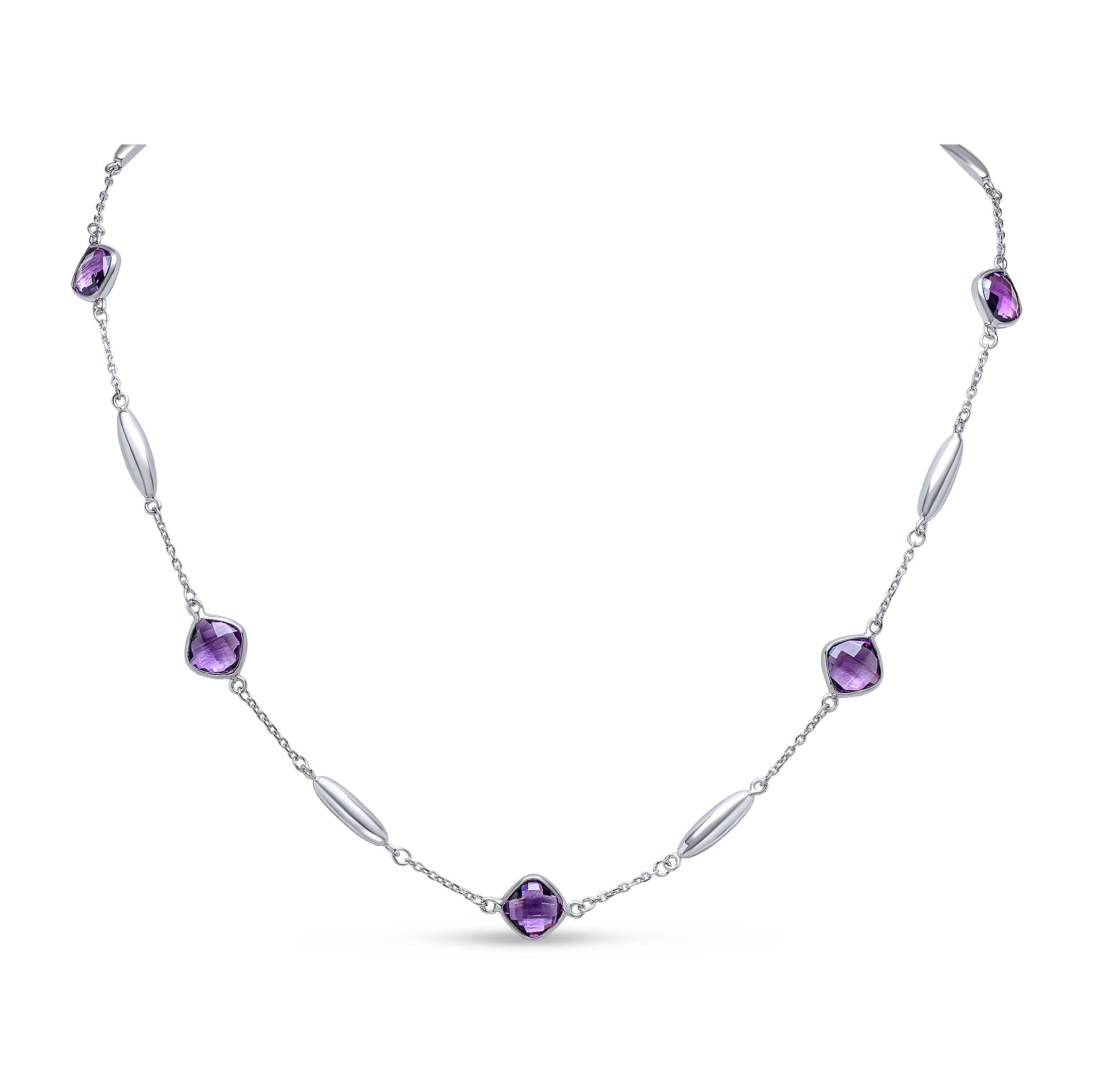 9ct White Gold Checkerboard Cushion Amethyst Polished Torpedo Motif and Chain Necklace