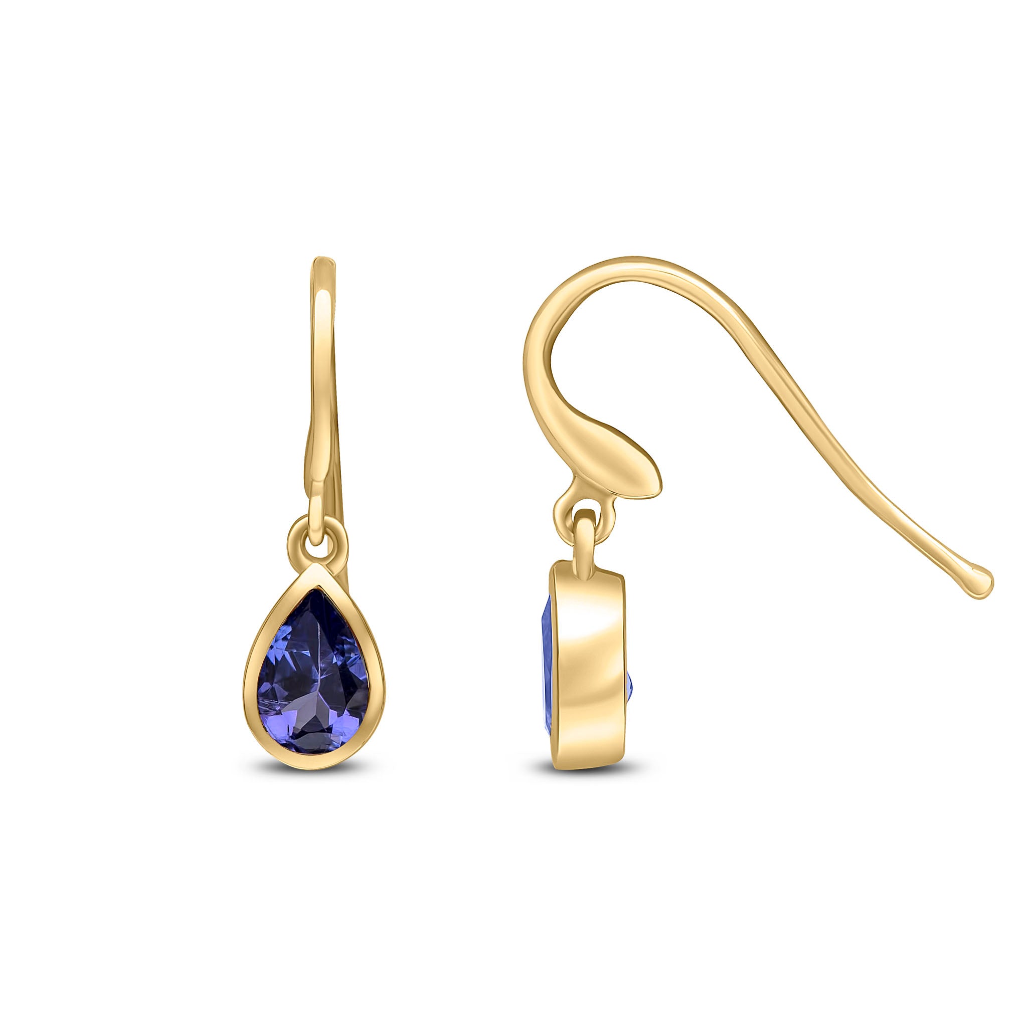 9ct Yellow Gold 6x4 Pear Shape Tanzanite Rubover Drop Earrings Hook Wire Fitting