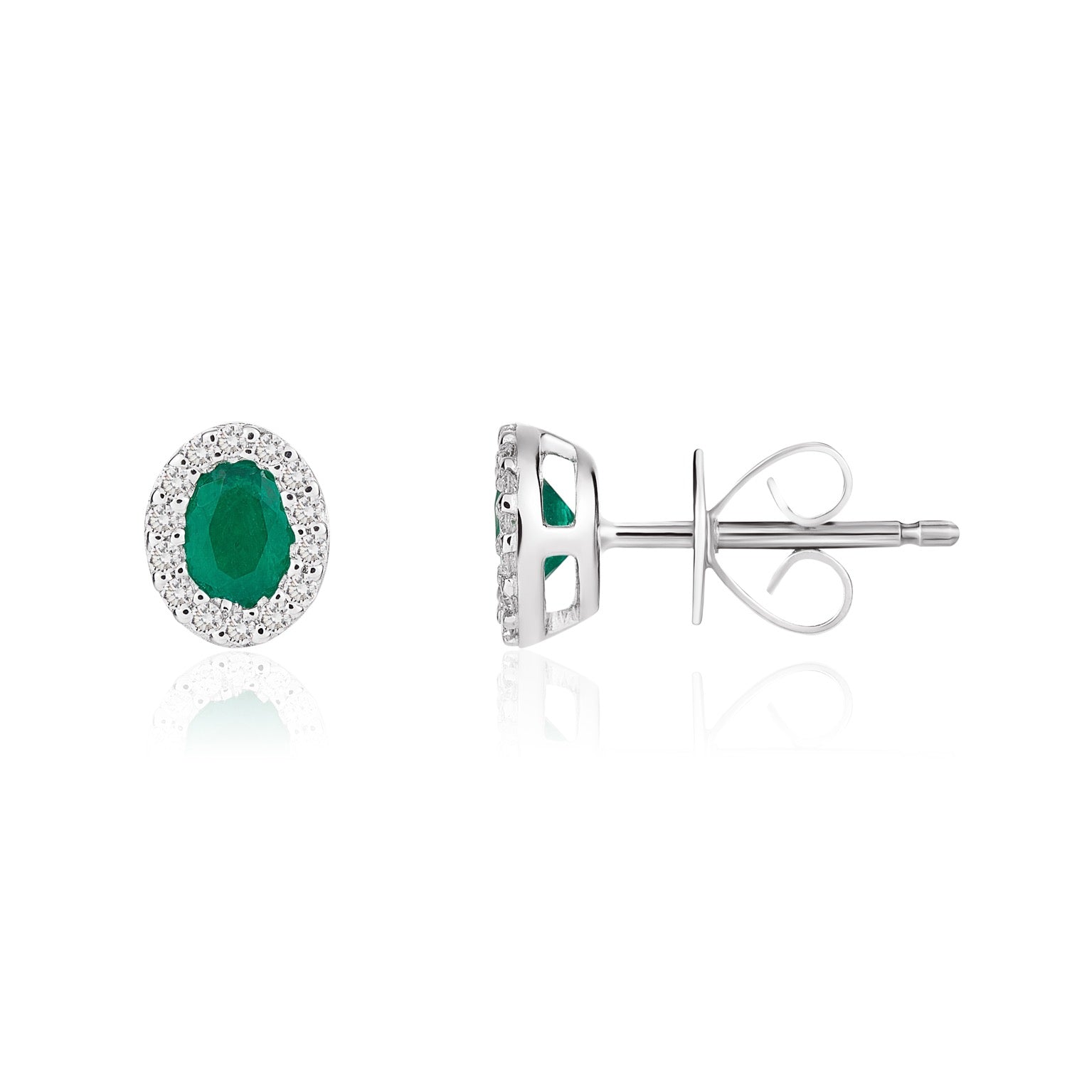 18ct White Gold 4x3 Oval Emerald & Diamond Microset Cluster Earrings