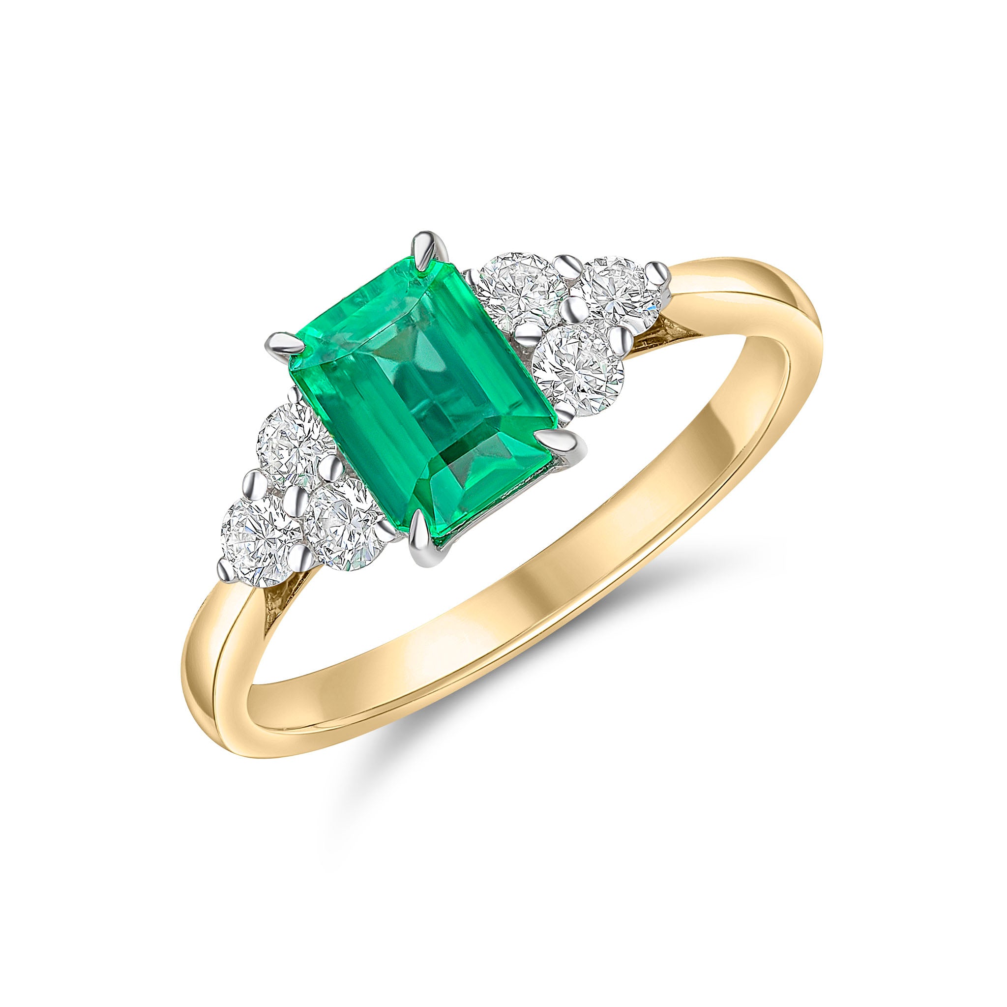 18ct Ywg 7x5 Octagon Emerald and Round Diamond Trefoil Shoulders Ring