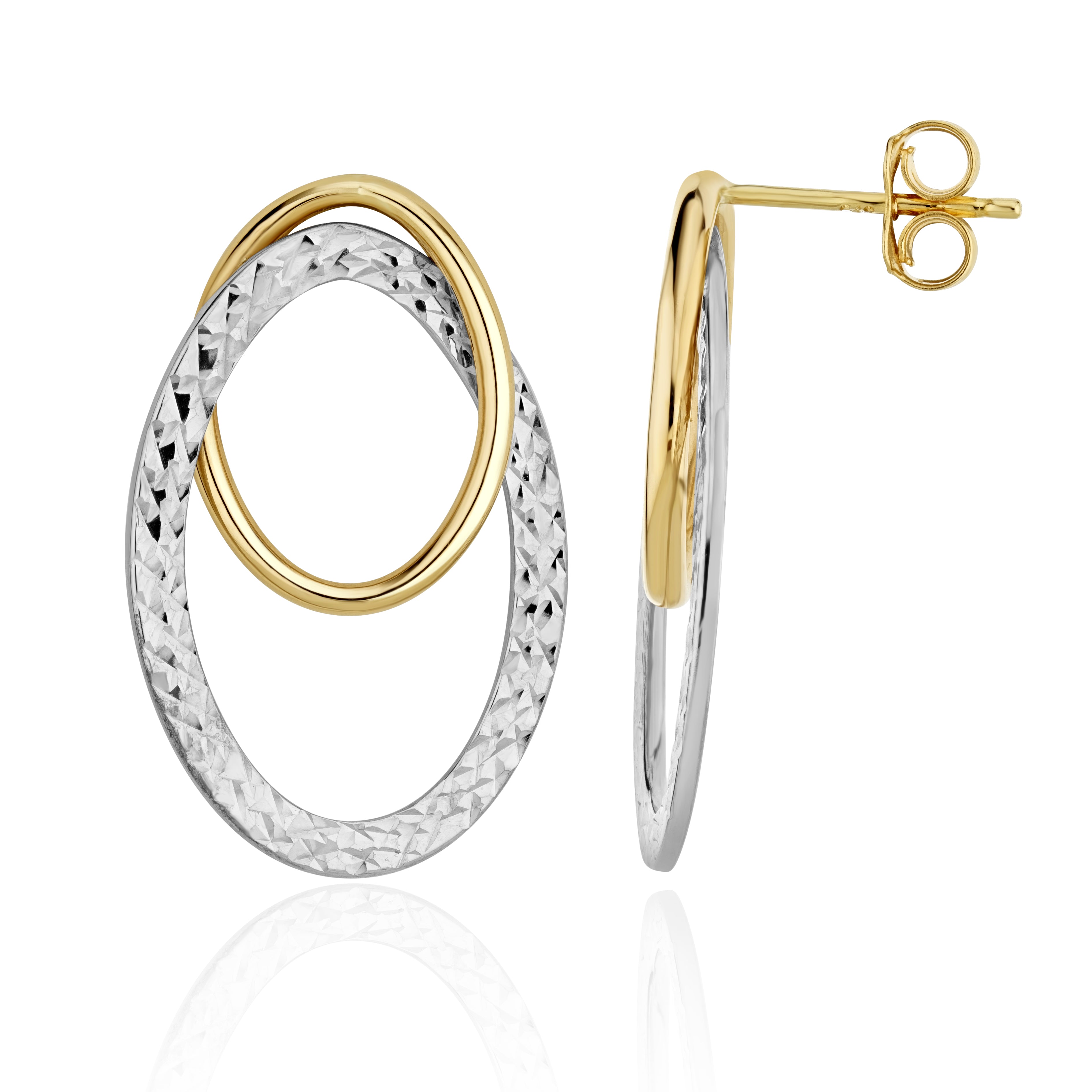 9ct Two Tone White Yellow Gold Double Oval Dia-Cut Drop Earrings