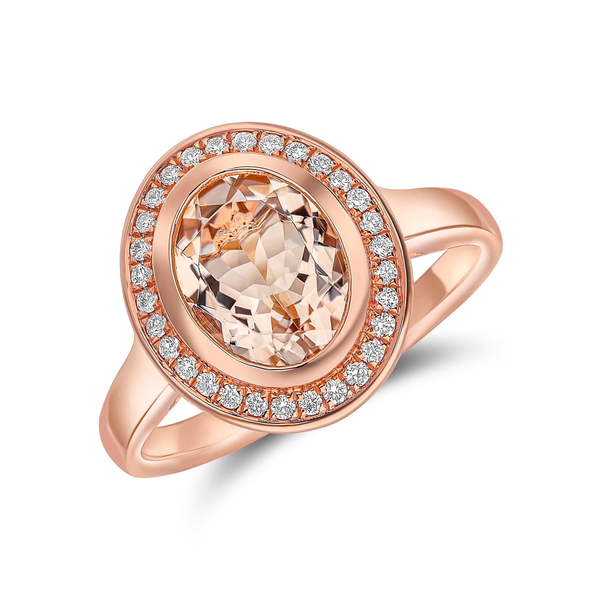 18ct Rose Gold Rubover Oval Morganite & Grain Set Diamond Cluster Ring