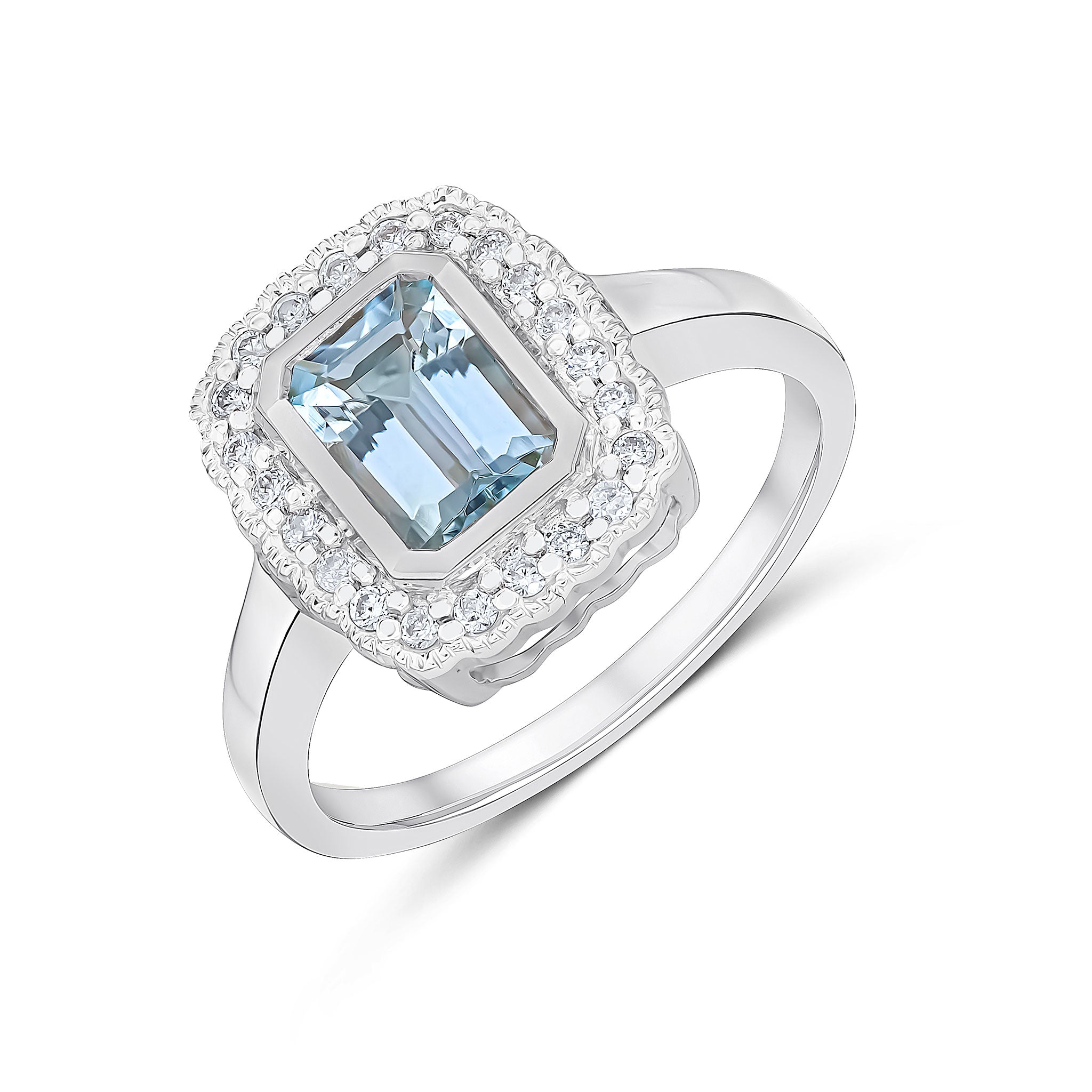 9ct White Gold Rubover 7x5 Octagon Aquamarine and Diamond Cluster Ring with Milgrain Edge