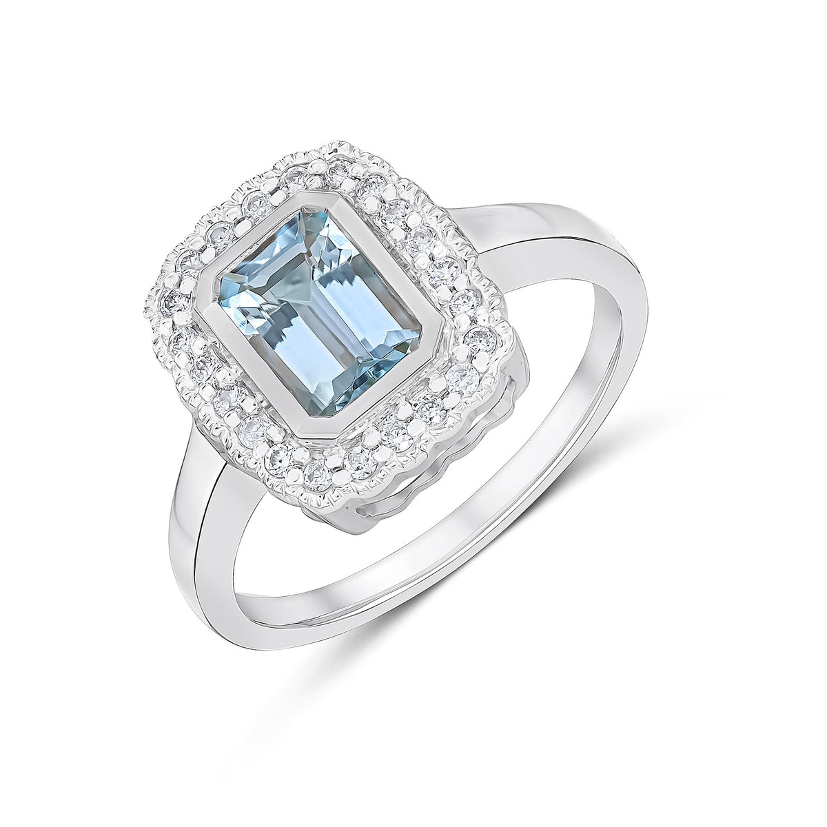 9ct White Gold Rubover 7x5 Octagon Aquamarine and Diamond Cluster Ring with Milgrain Edge