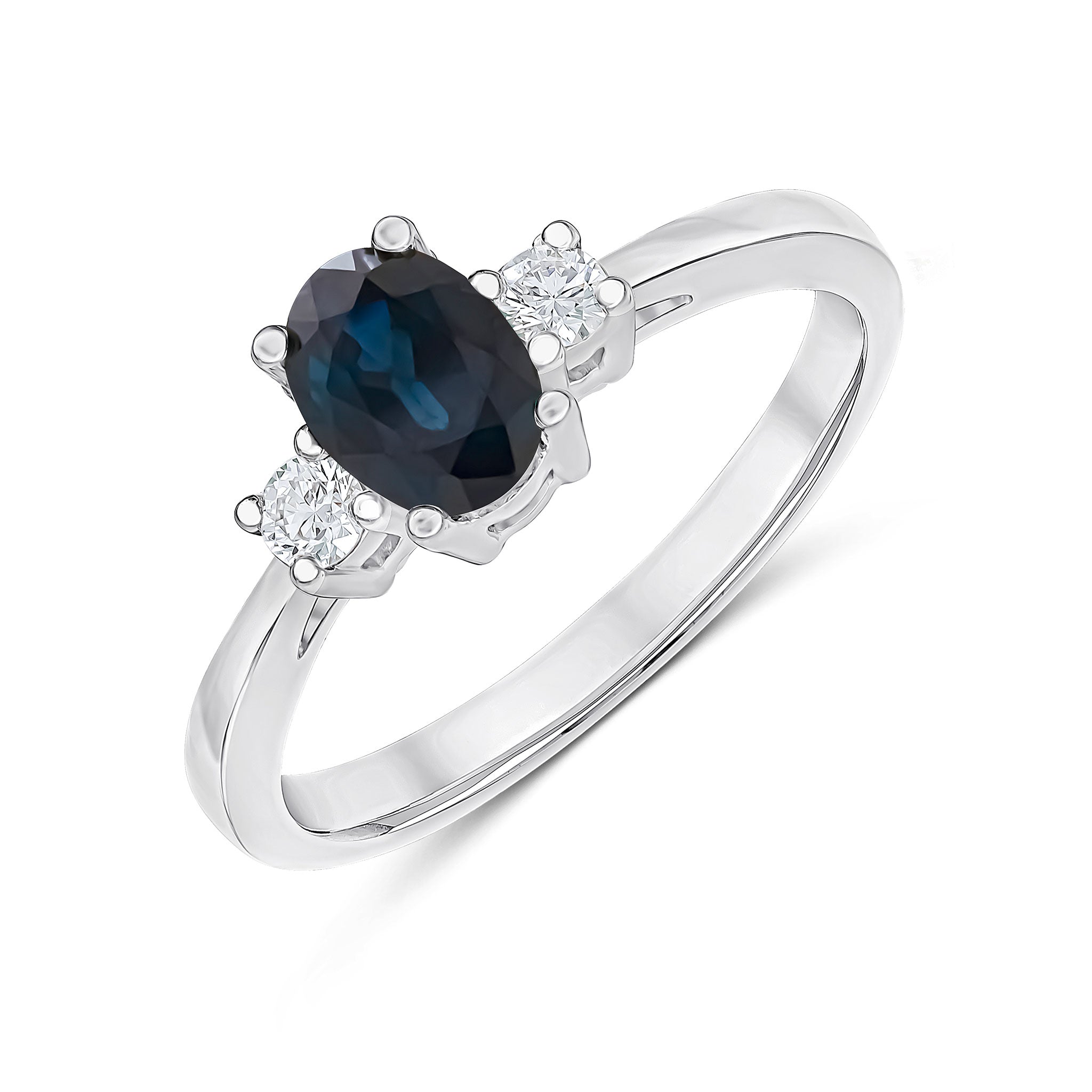 9CT WG 7X5 OVAL SAPPHIRE AND ROUND DIAMOND CLAW SET 3ST RING 1