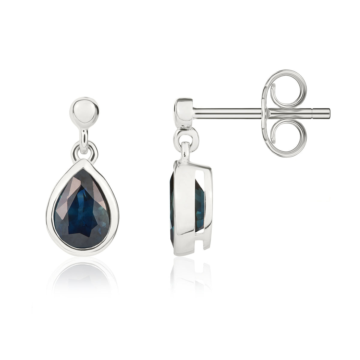 9ct White Gold 6x4mm Pear Shape Sapphire Rubover Drop Earrings with 2.5mm Bead Top