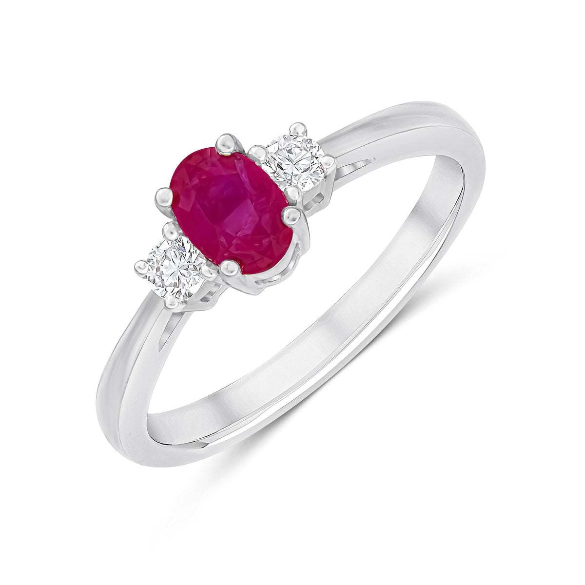 9ct White Gold 6x4 Oval Ruby and Round Diamond Claw Set 3 Stone Ring
