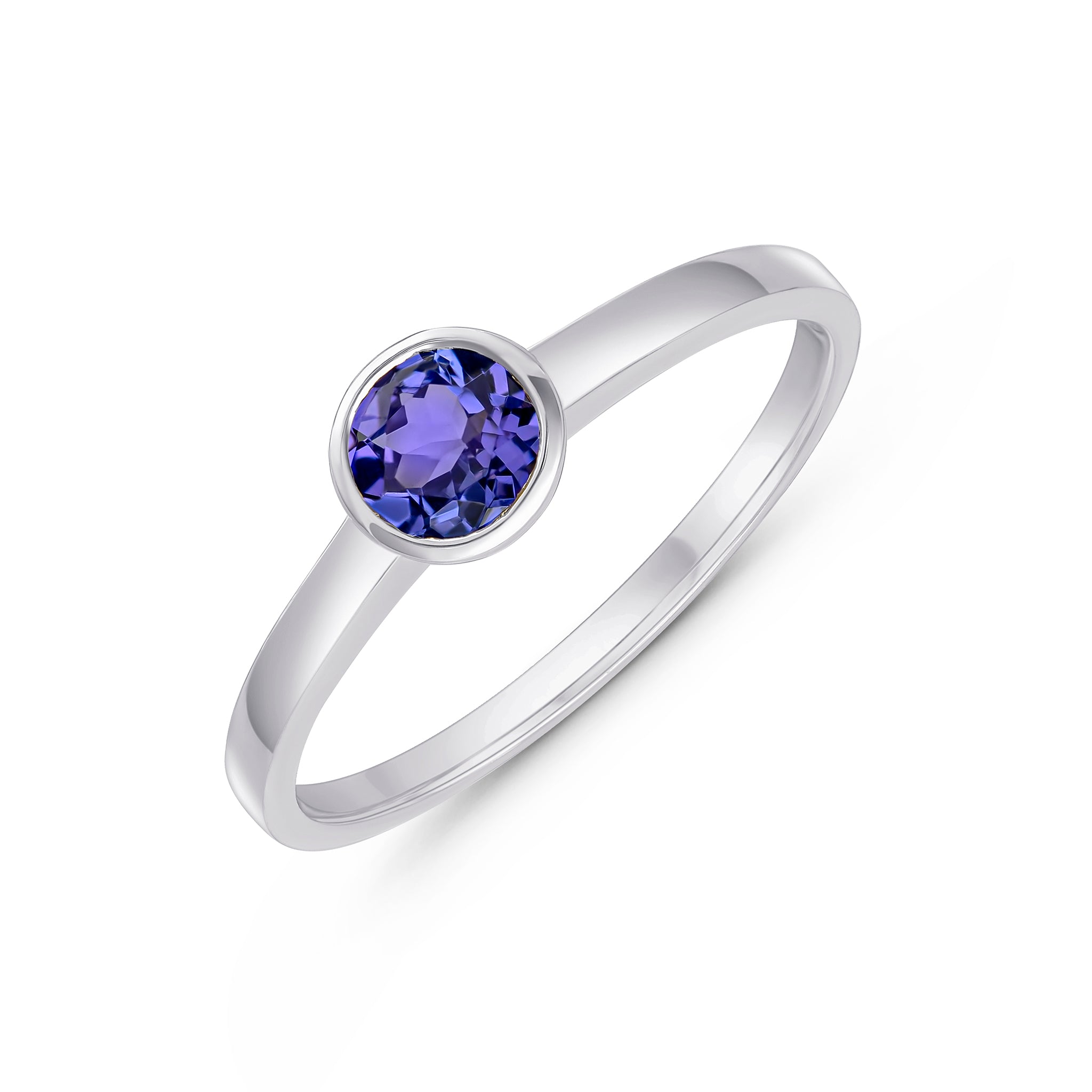 9ct White Gold 5mm Round Tanzanite Rubover Single Stone Ring