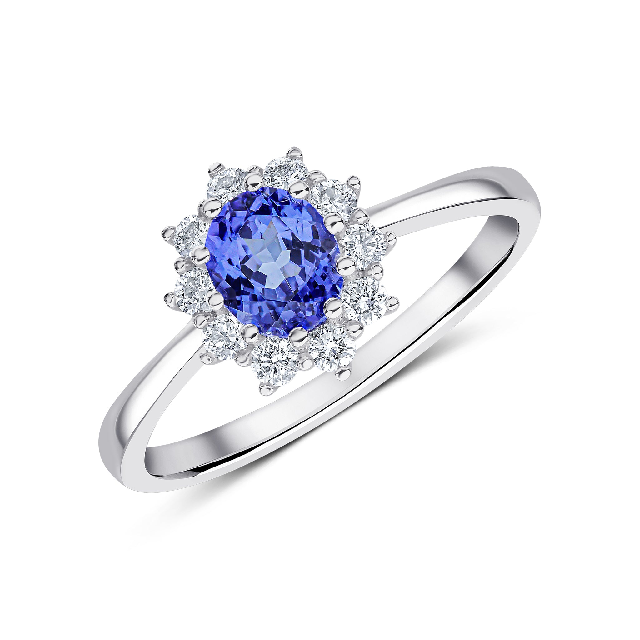 18ct White Gold 6x5 Oval Tanzanite & Diamond Claw Cluster Ring