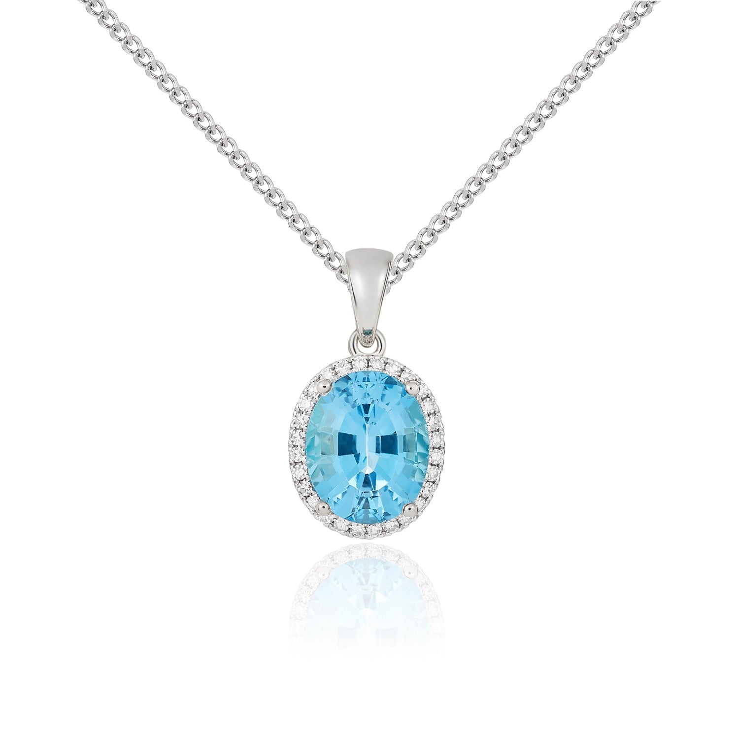 9ct White Gold 10x8 Oval Swiss Blue Topaz & Diamond Claw Set Cluster Pendant