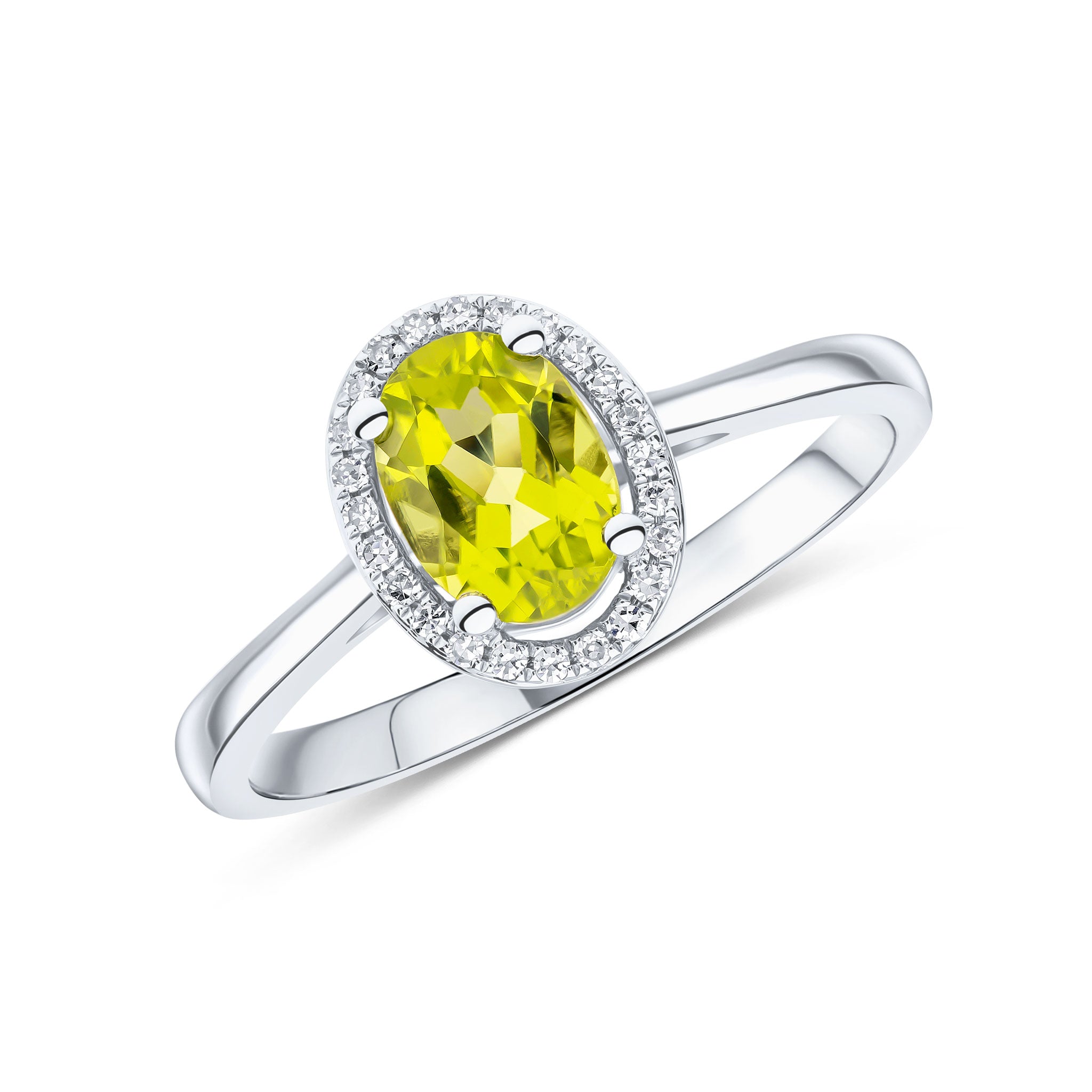 9ct White Gold 7x5 Oval Peridot & Round Diamond Halo Cluster Ring