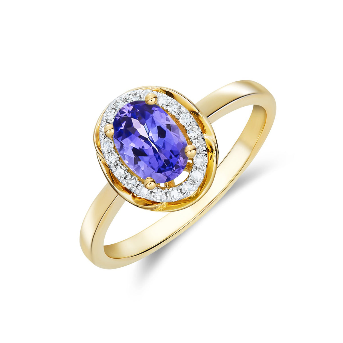 9ct Yellow Gold 7x5 Oval Tanzanite & Diamond Cluster Ring with Rope Edge