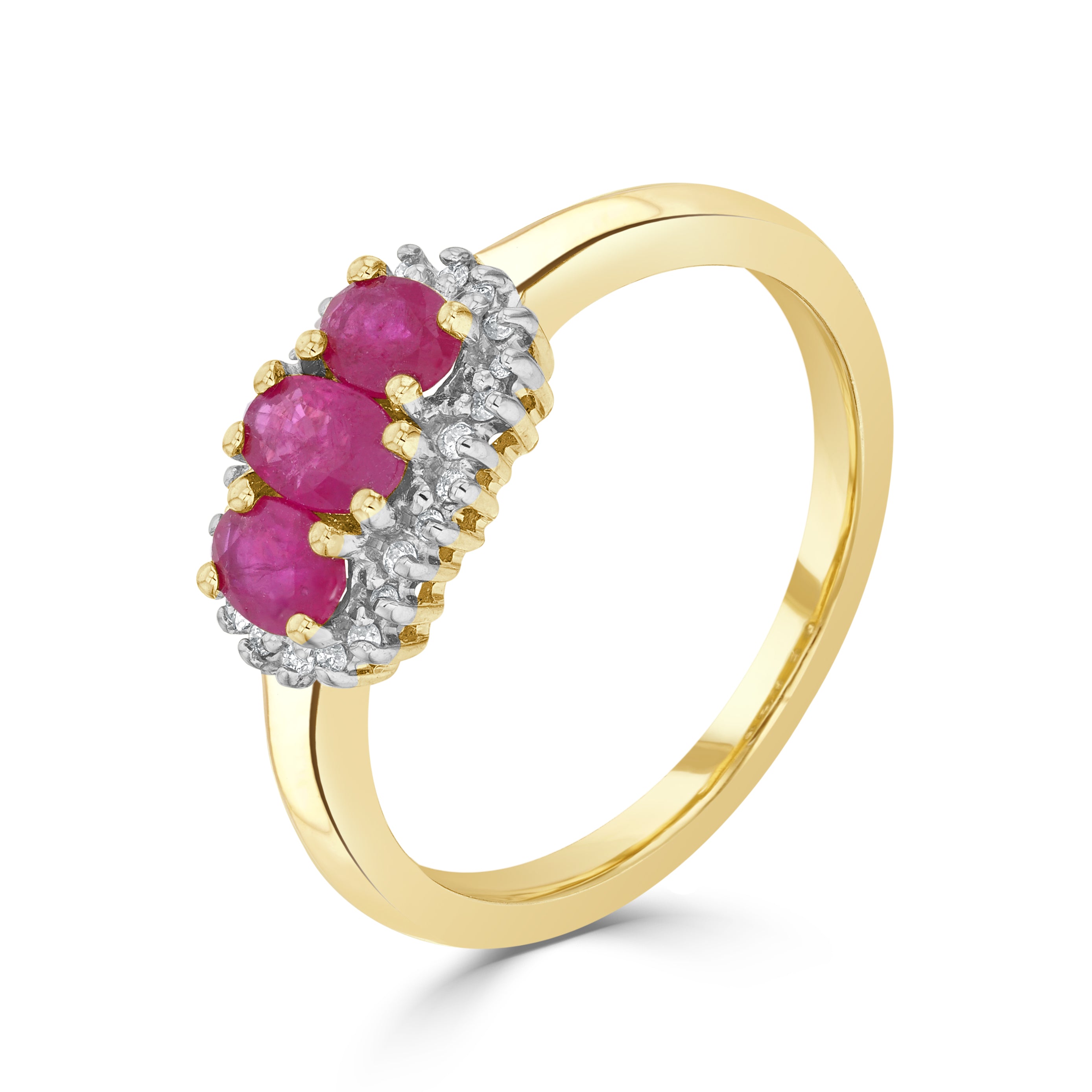 9ct Yellow Gold Oval Ruby and Diamond Triple Cluster Ring Rhodium to Diamonds