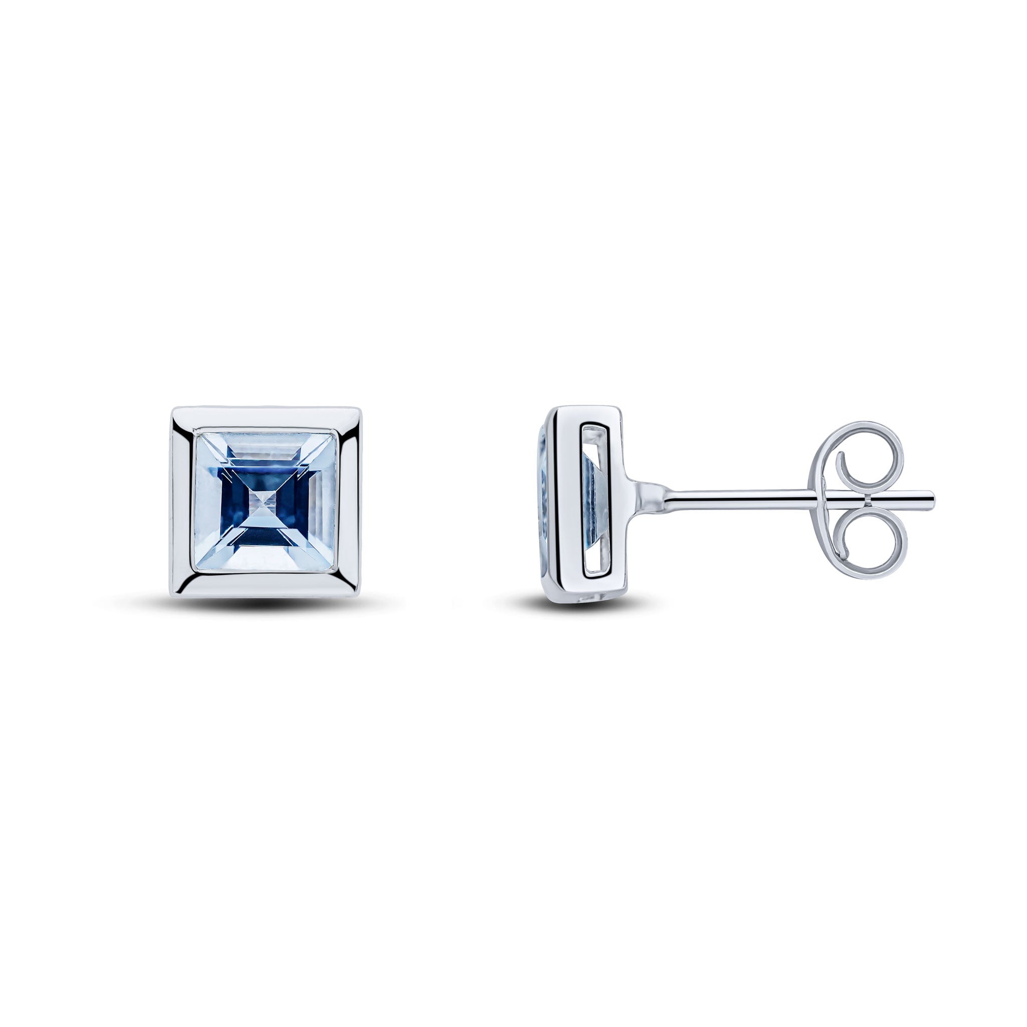 9ct White Gold 5mm Square Aquamarine Rubover Set Earrings