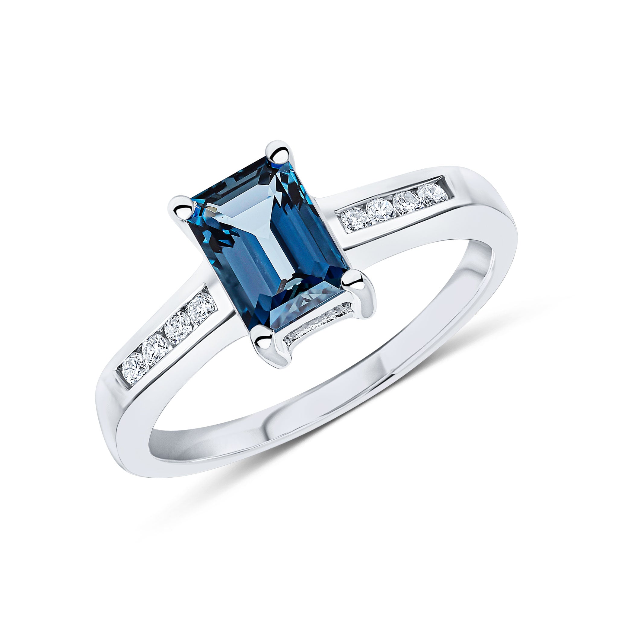 9ct White Gold 7x5 Octagon London Blue Topaz Claw Set Single Stone Ring with Channel Set Diamond Shoulders