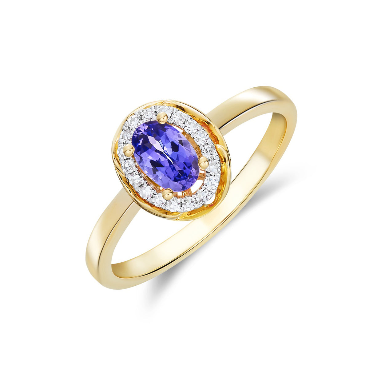 9ct Yellow Gold 6x4 Oval Tanzanite & Diamond Cluster Ring with Rope Edge