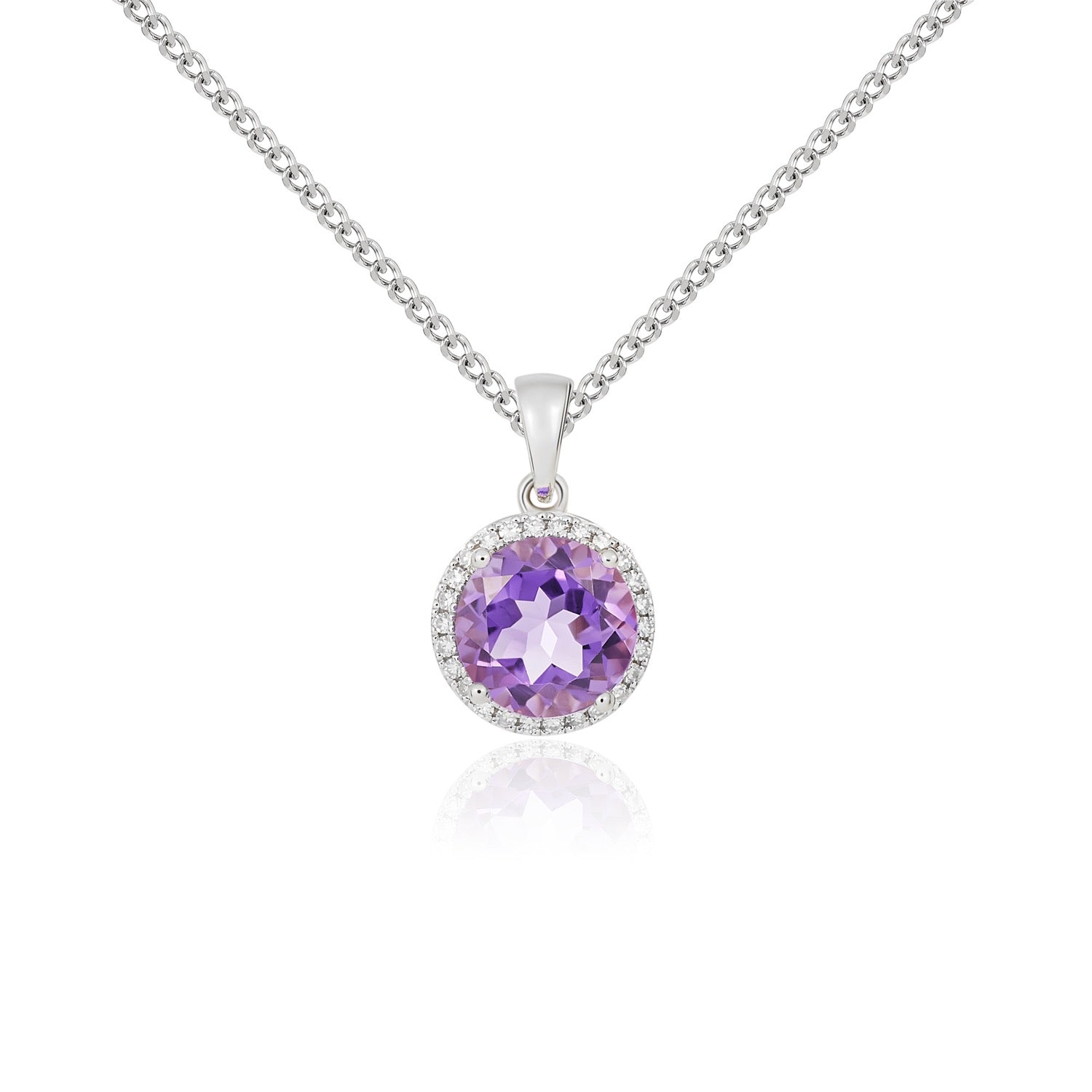 9ct White Gold 8mm Round Amethyst and Diamond Claw Cluster Pendant