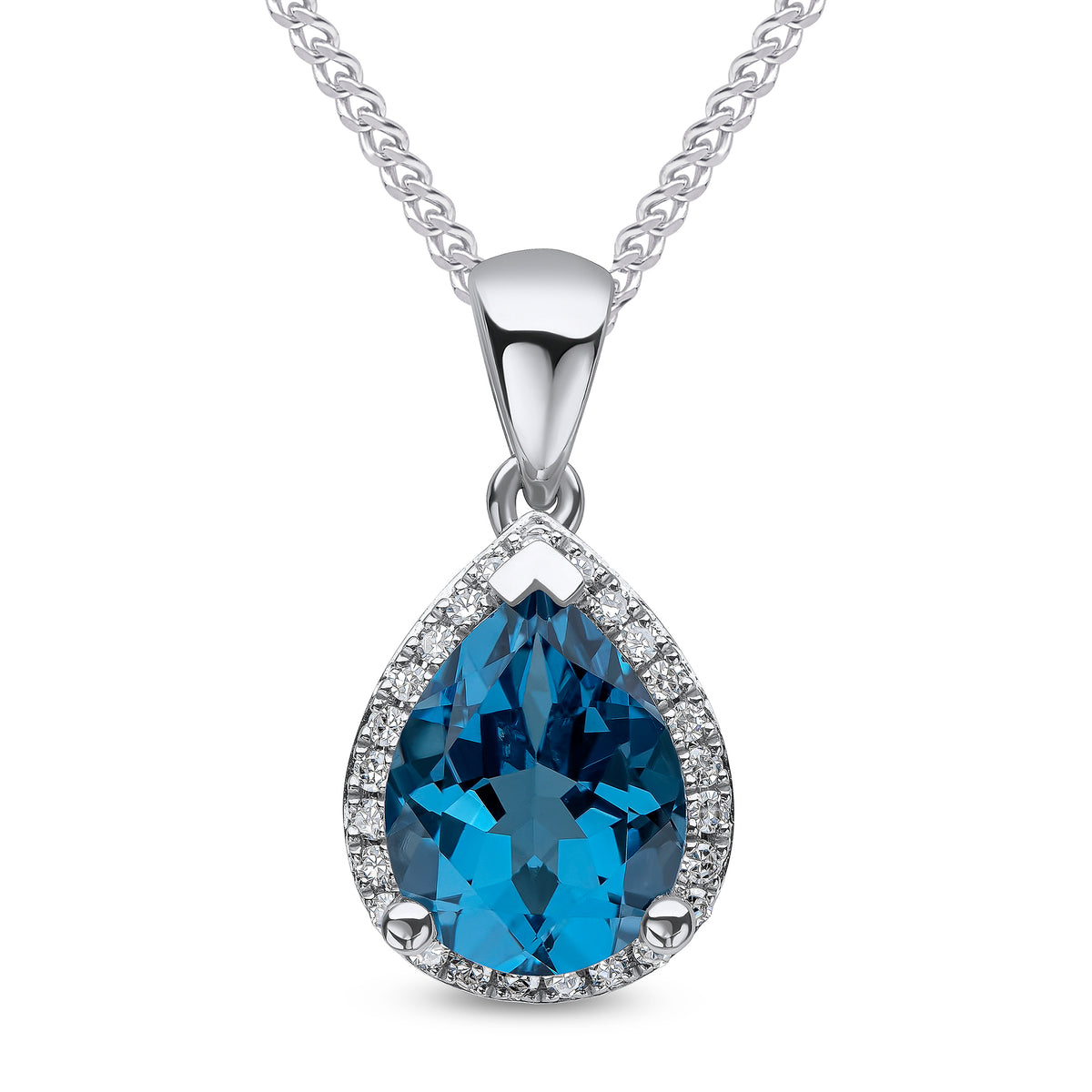 9ct White Gold 9x7 Pear Shape London Blue Topaz and Diamond Claw Cluster Pendant