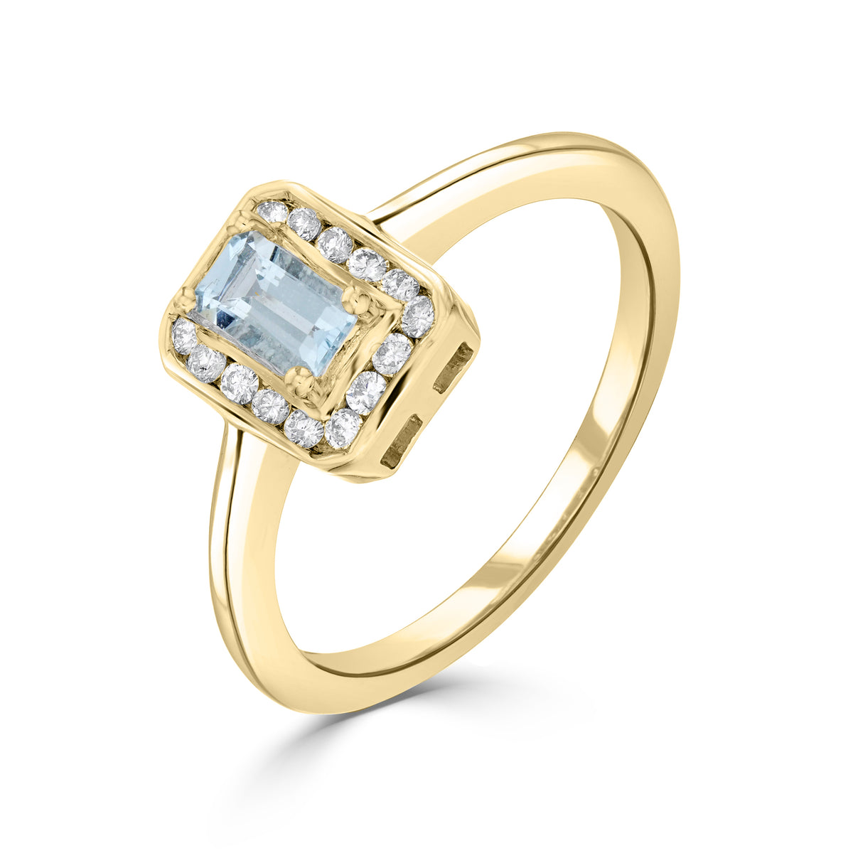 9ct Yellow Gold Claw Set 5x3 Octagon Aquamarine and Channel Set Round Diamond Cluster Ring