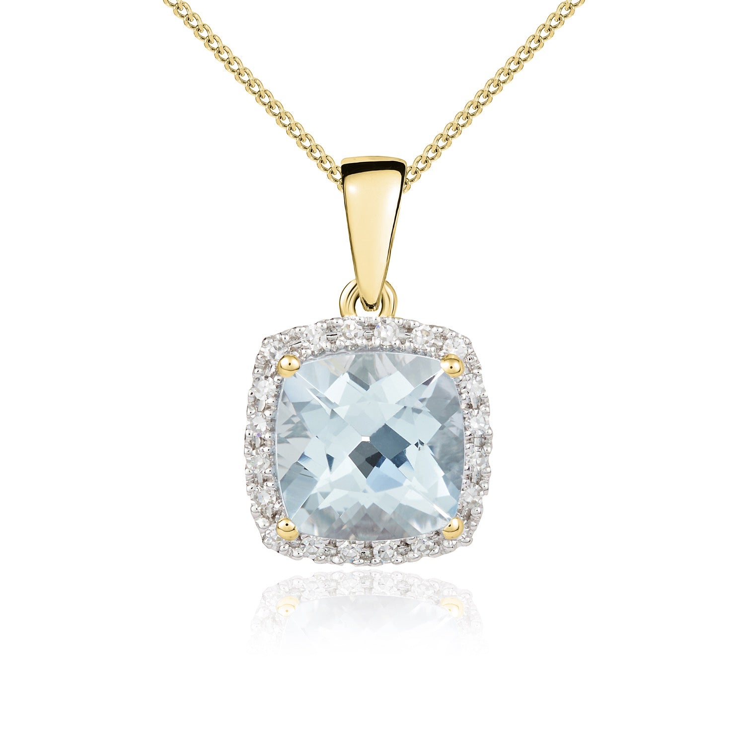 9ct White Gold Cushion Aquamarine & Diamond Cluster Pendant