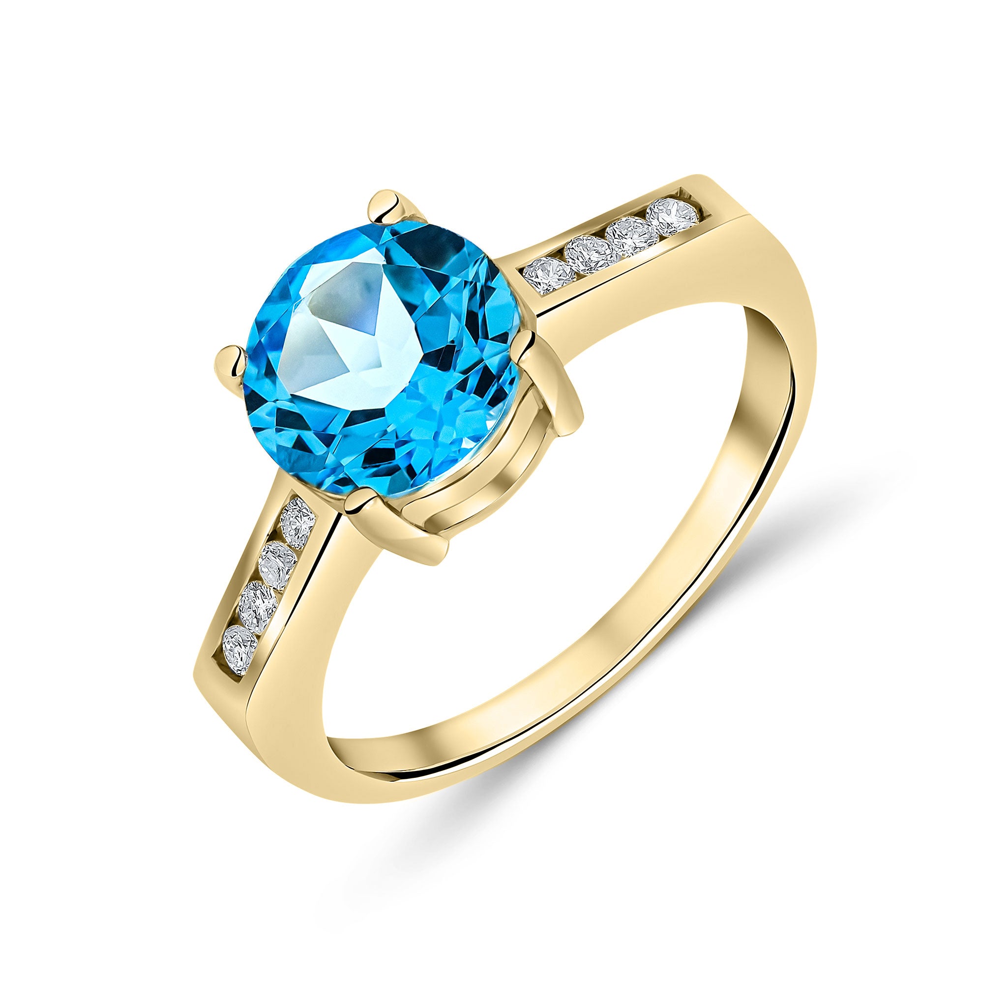 9ct Yellow Gold Claw Set 8mm Round Swiss Blue Topaz Single Stone Ring with Channel Set Diamond Shoulders