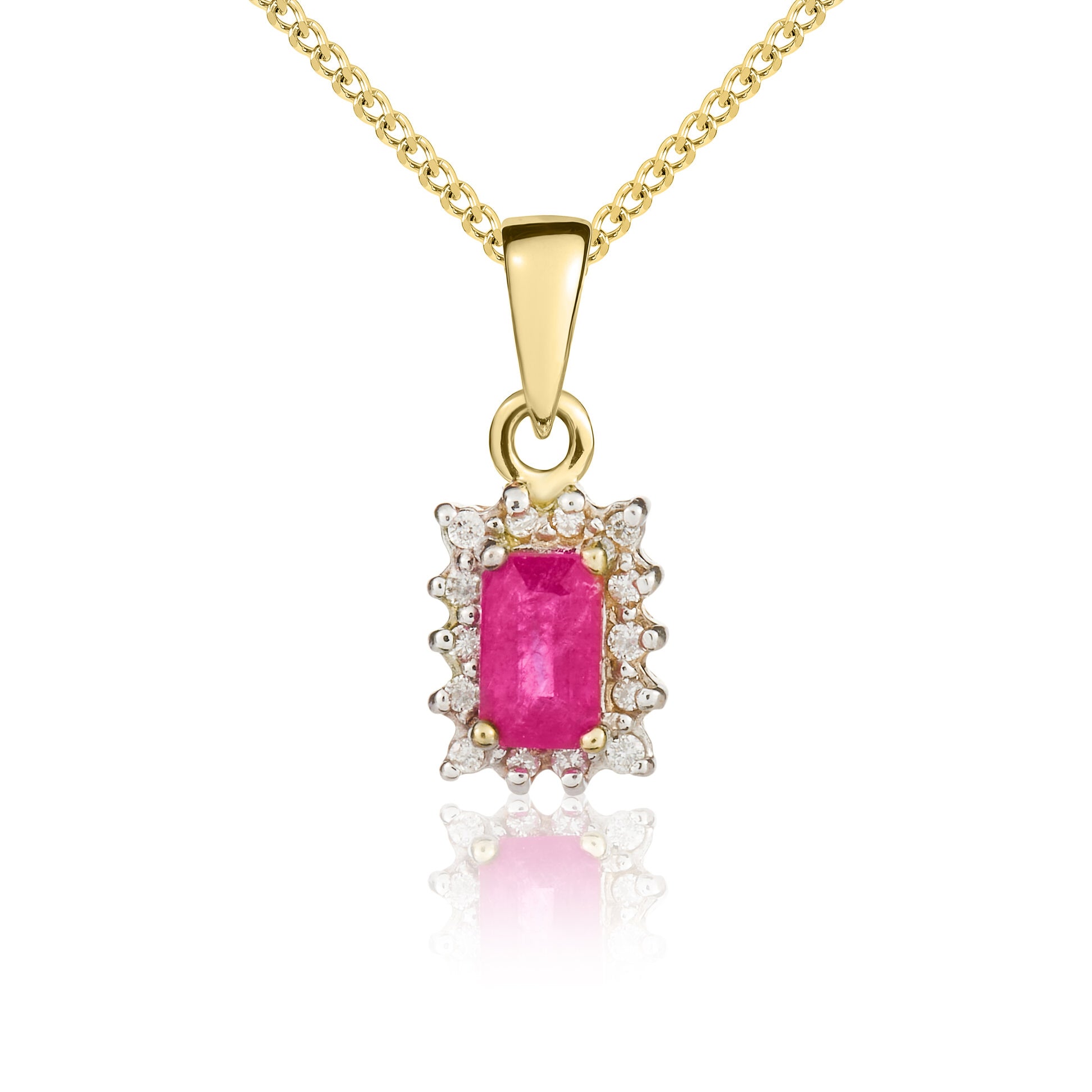 9ct Yellow Gold 5x3 Octagon Ruby & Diamond Claw Set Cluster Pendant Rhodium to Diamonds