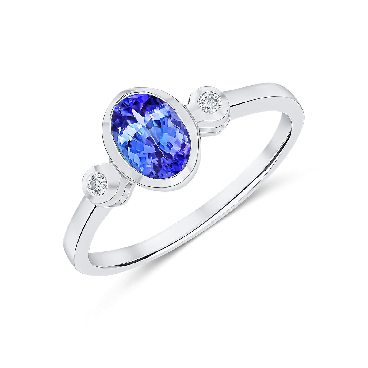 9ct White Gold 7x5 Oval Tanzanite and Round Diamond 3 Stone Rubover Ring